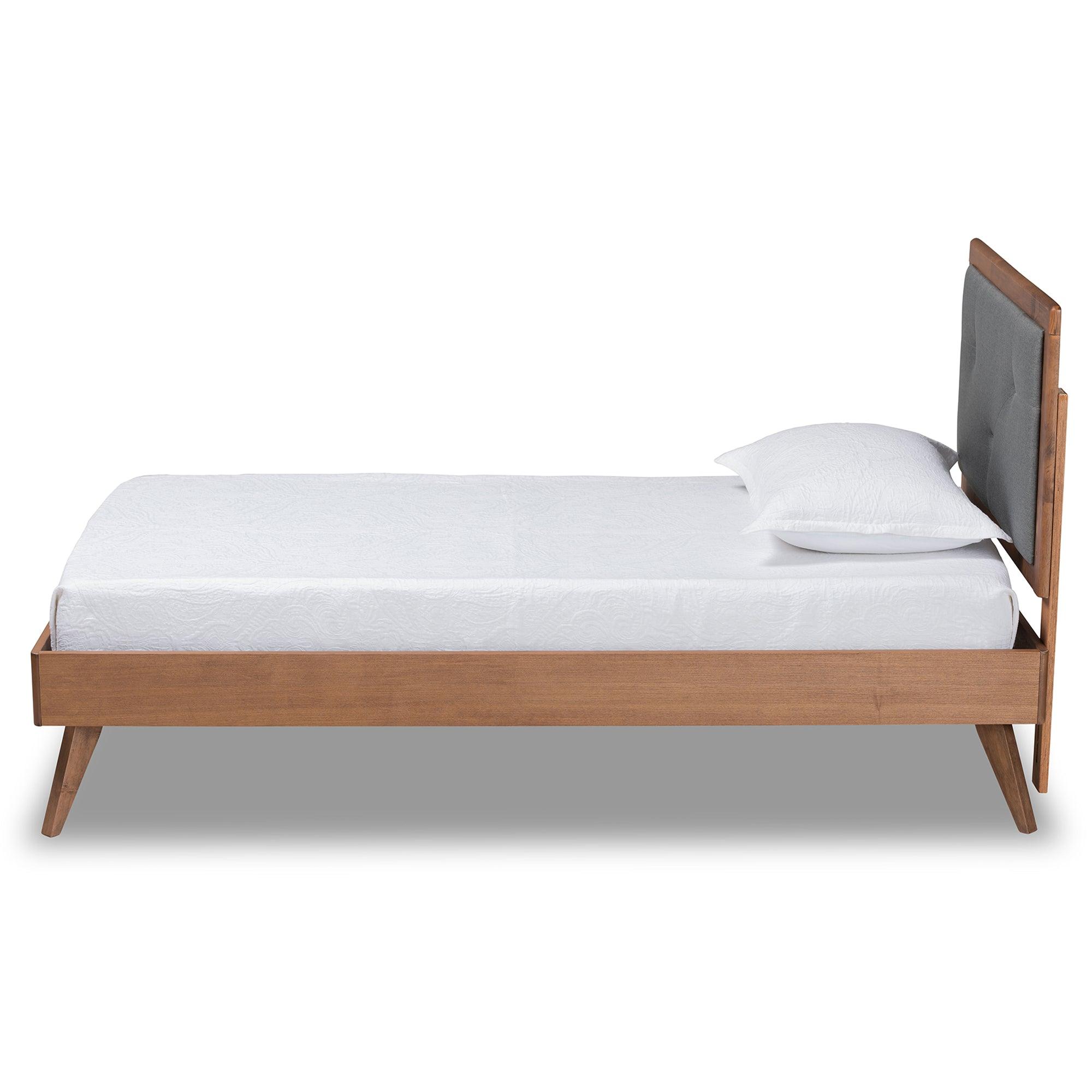 Laima Mid-Century Modern Dark Fabric Upholstered and Finished Wood Platform Bed