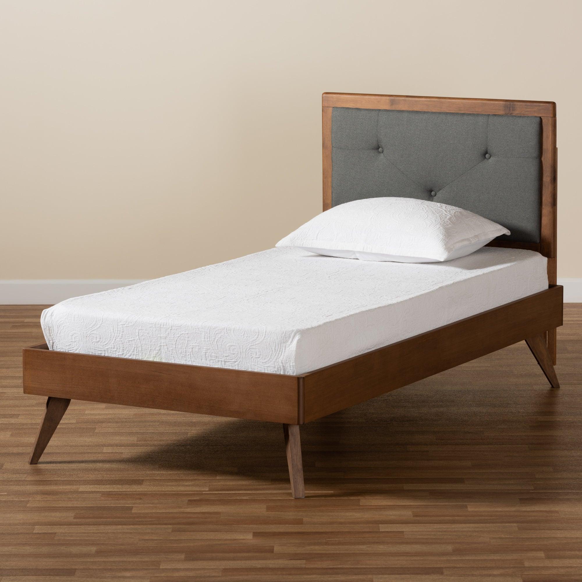 Laima Mid-Century Modern Dark Fabric Upholstered and Finished Wood Platform Bed