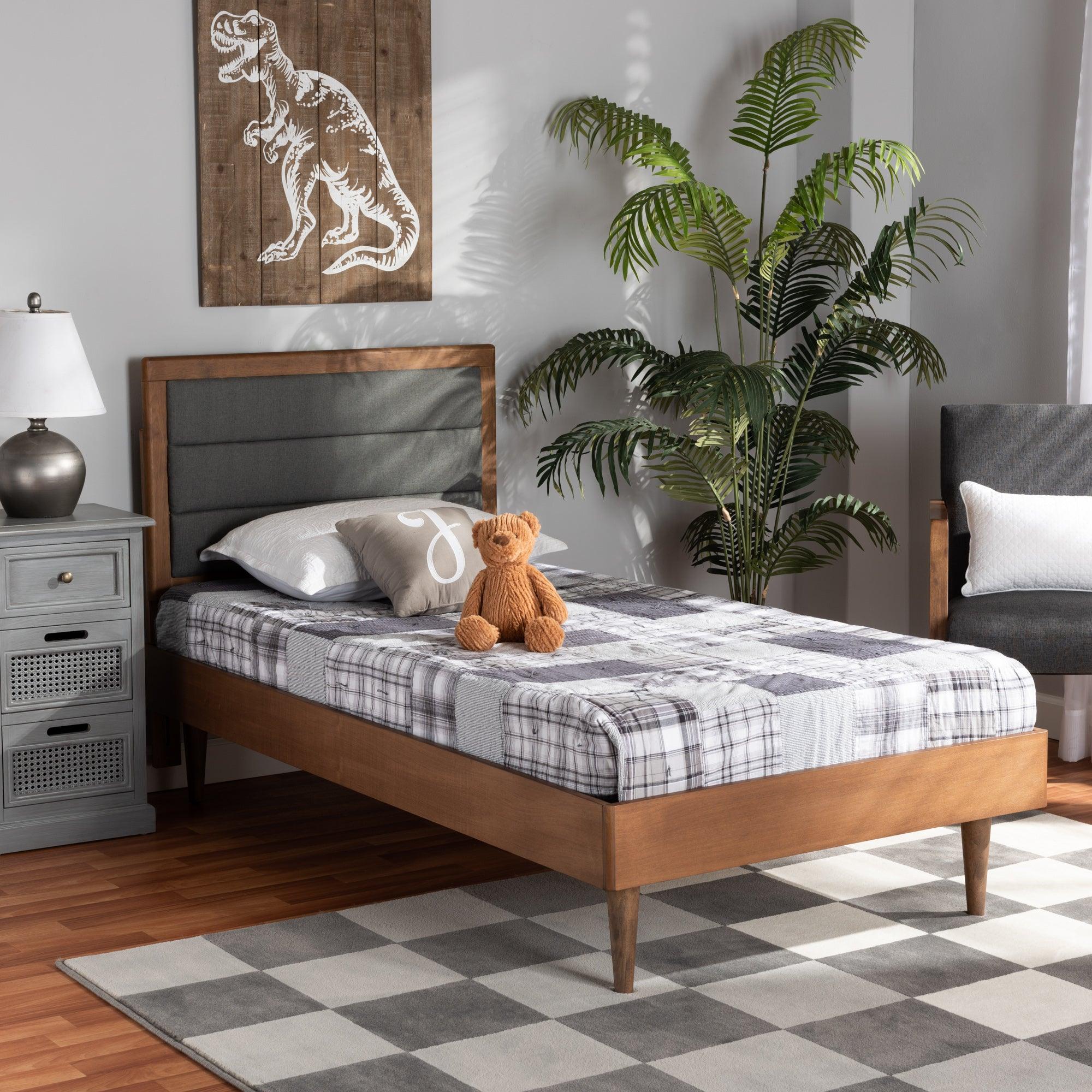 Seren Mid-Century Modern Dark Fabric Upholstered and Finished Wood Platform Bed