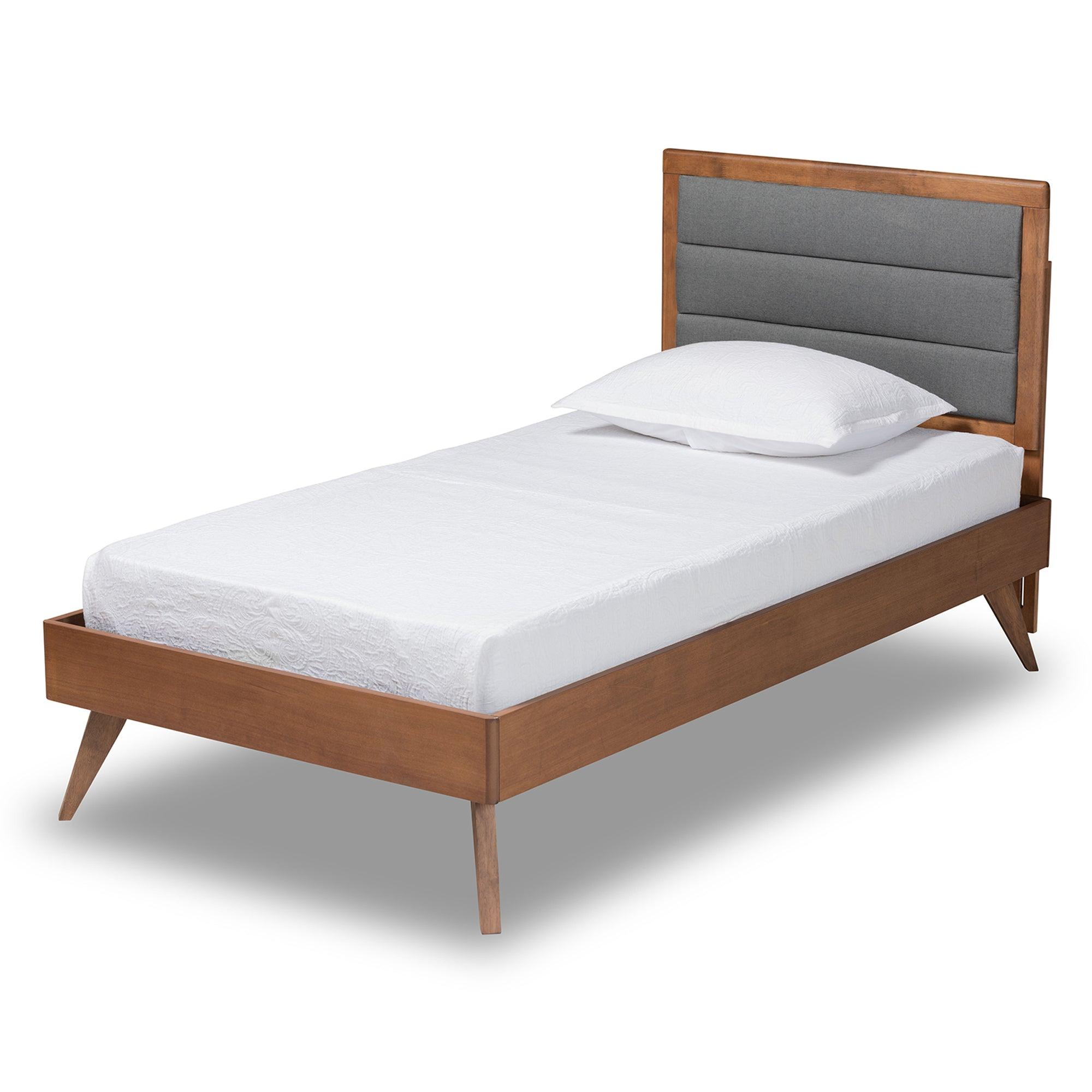 Linn Mid-Century Modern Dark Fabric Upholstered and Finished Wood Platform Bed