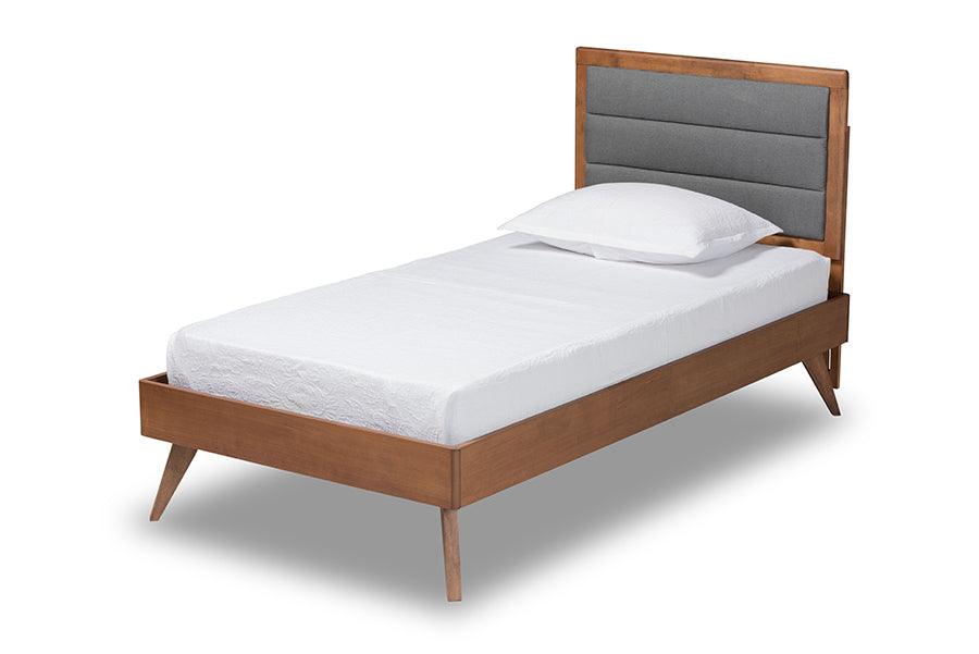 Linn Mid-Century Modern Dark Fabric Upholstered and Finished Wood Platform Bed