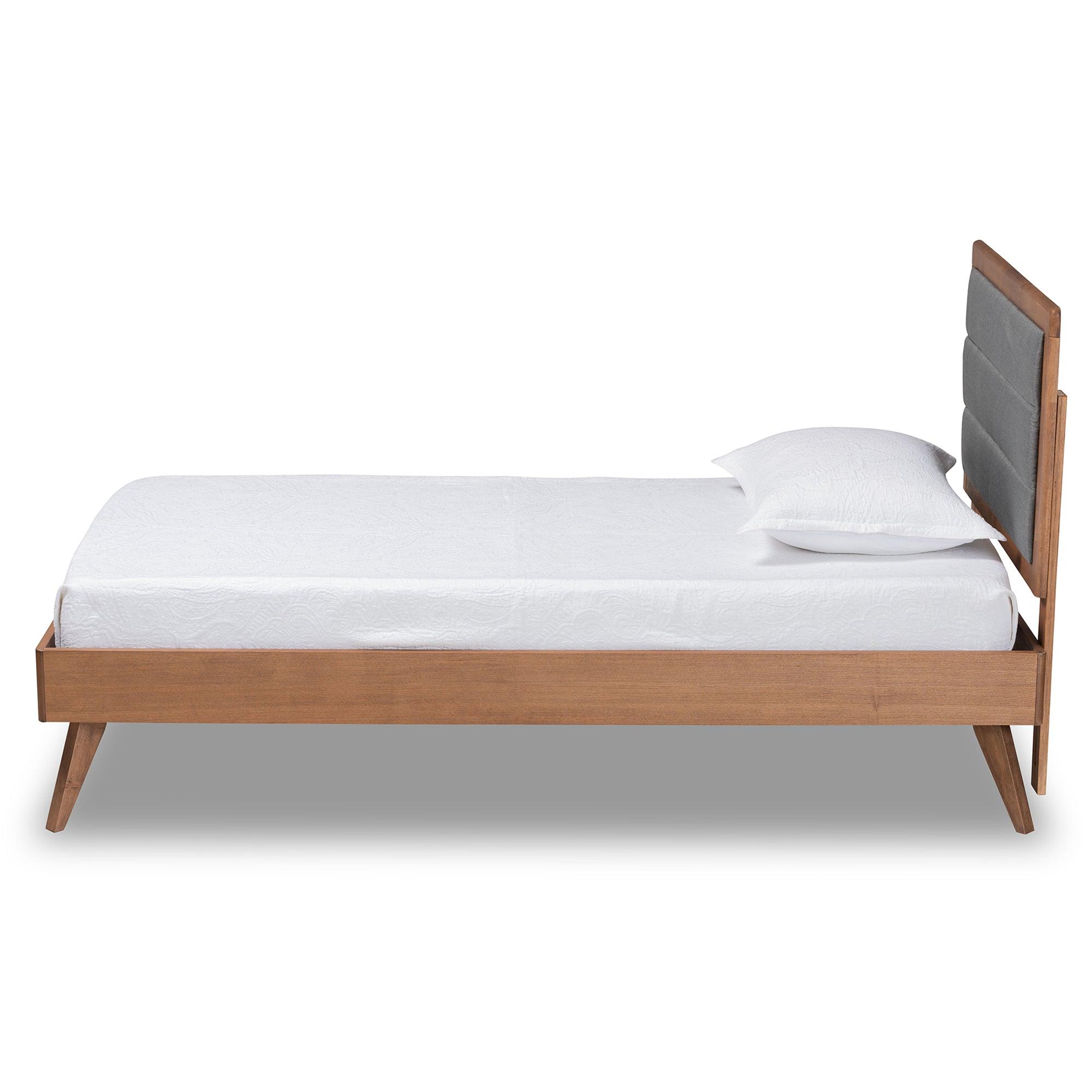 Linn Mid-Century Modern Dark Fabric Upholstered and Finished Wood Platform Bed