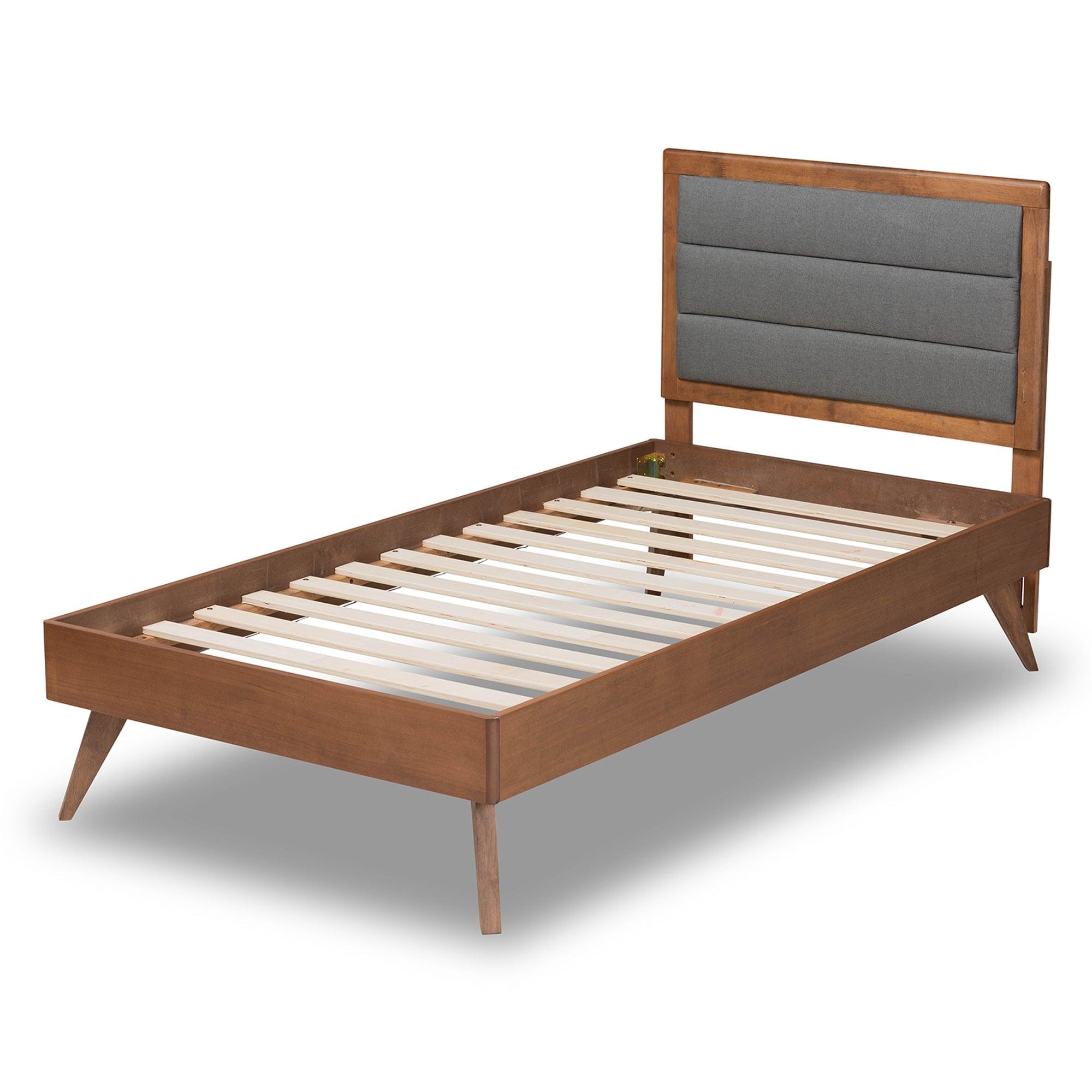 Linn Mid-Century Modern Dark Fabric Upholstered and Finished Wood Platform Bed