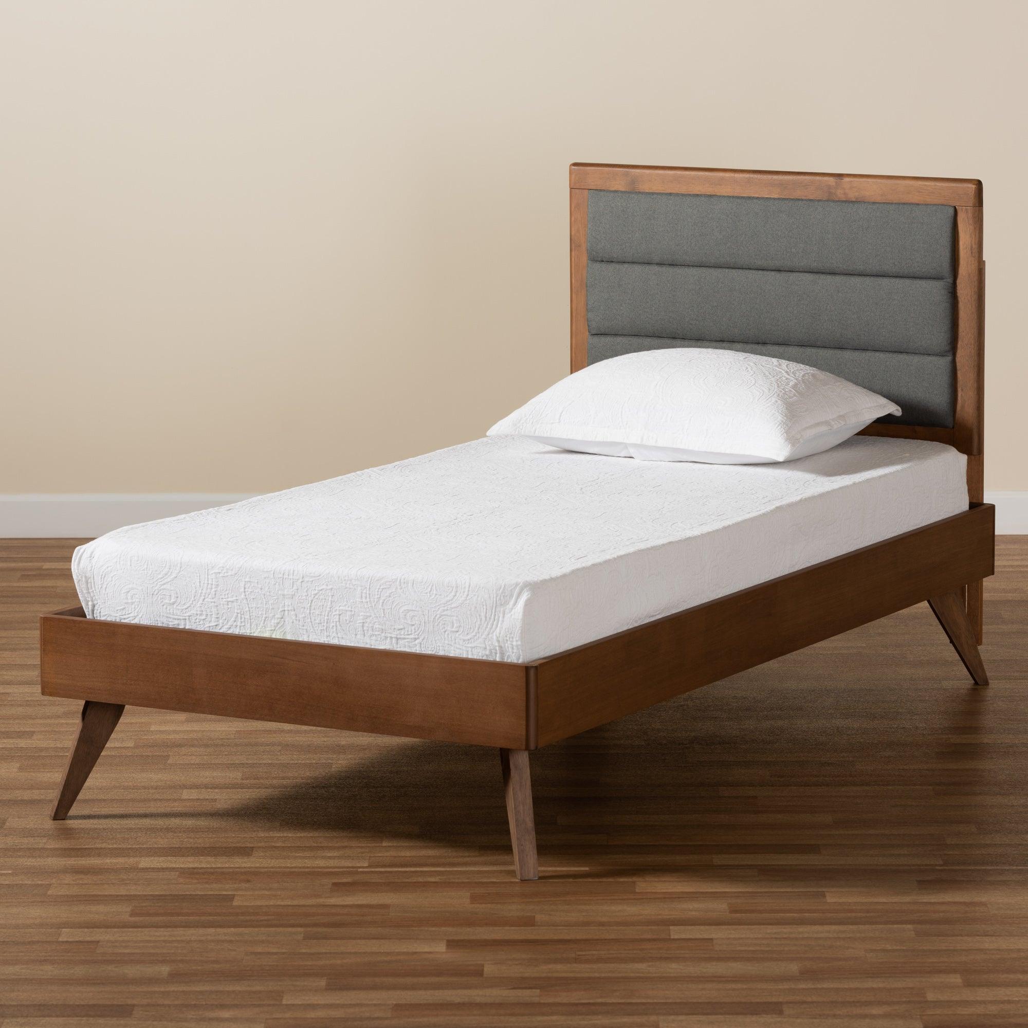 Linn Mid-Century Modern Dark Fabric Upholstered and Finished Wood Platform Bed