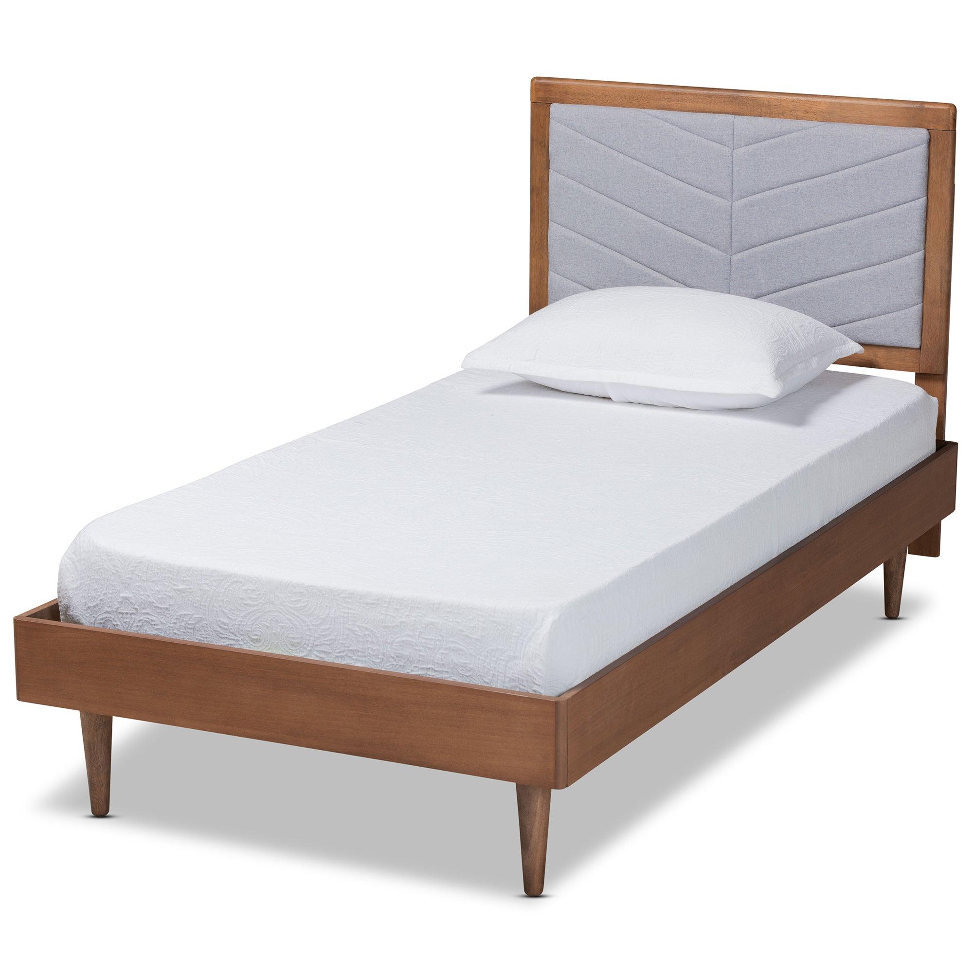 Tasha Mid-Century Modern Light Fabric Upholstered and brown Finished Wood Platform Bed