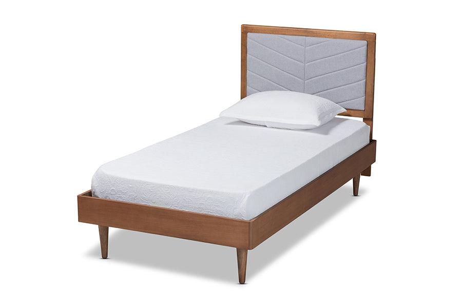 Tasha Mid-Century Modern Light Fabric Upholstered and brown Finished Wood Platform Bed