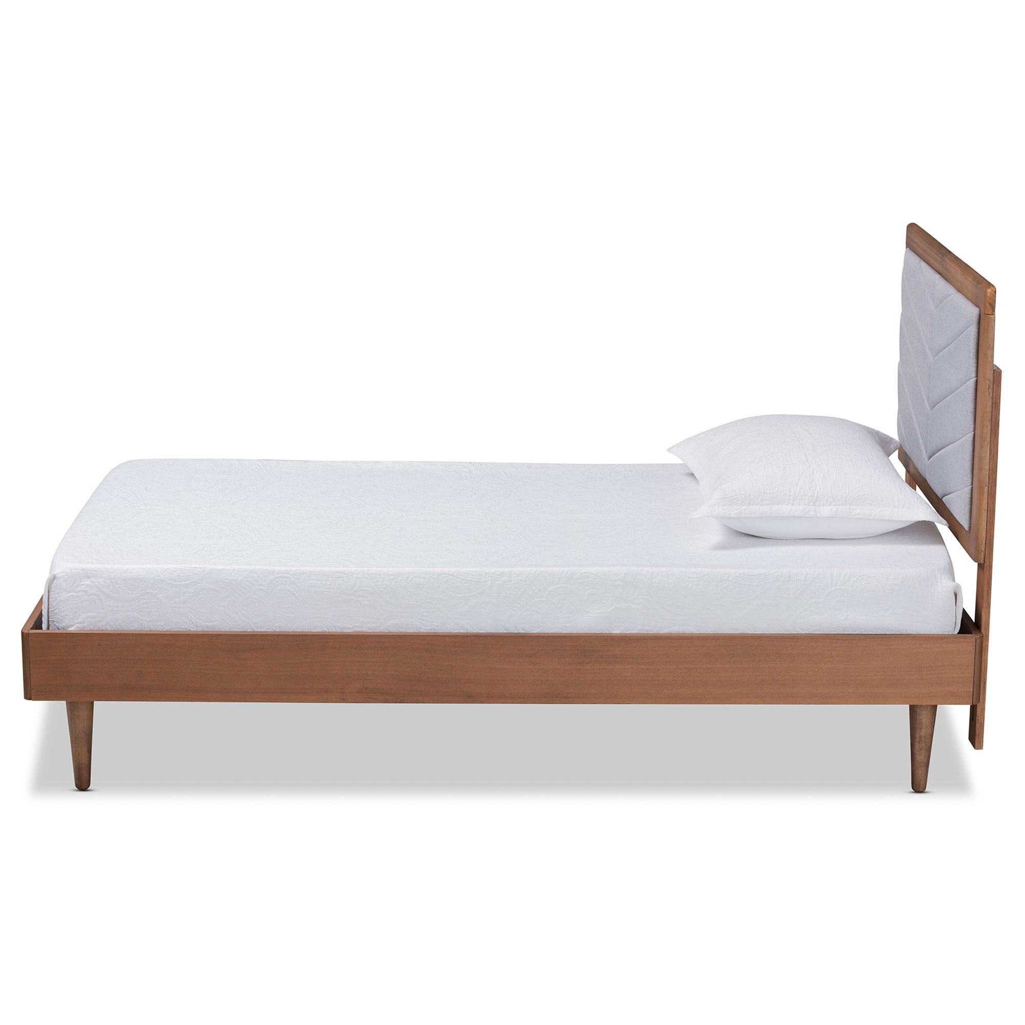 Tasha Mid-Century Modern Light Fabric Upholstered and brown Finished Wood Platform Bed