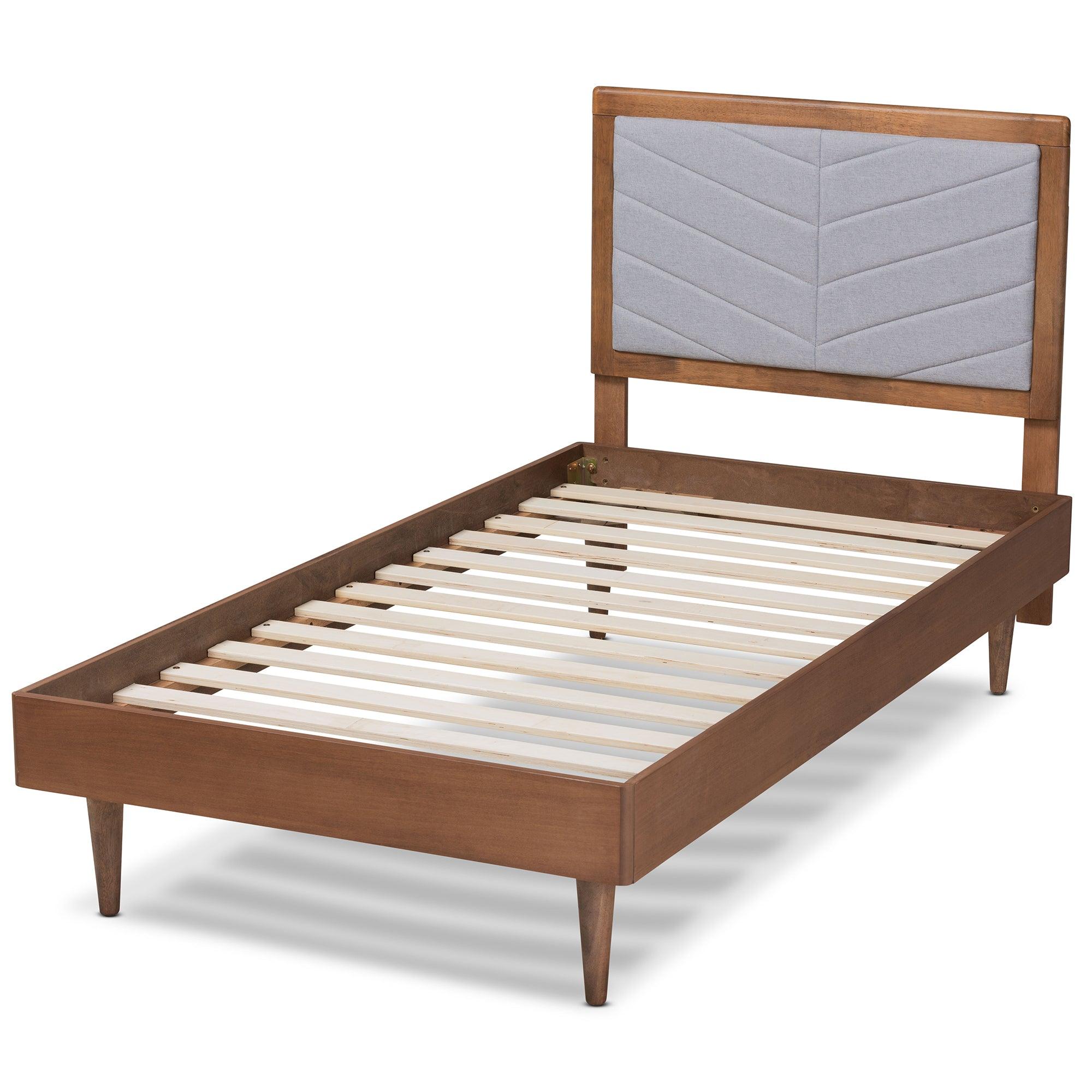 Tasha Mid-Century Modern Light Fabric Upholstered and brown Finished Wood Platform Bed