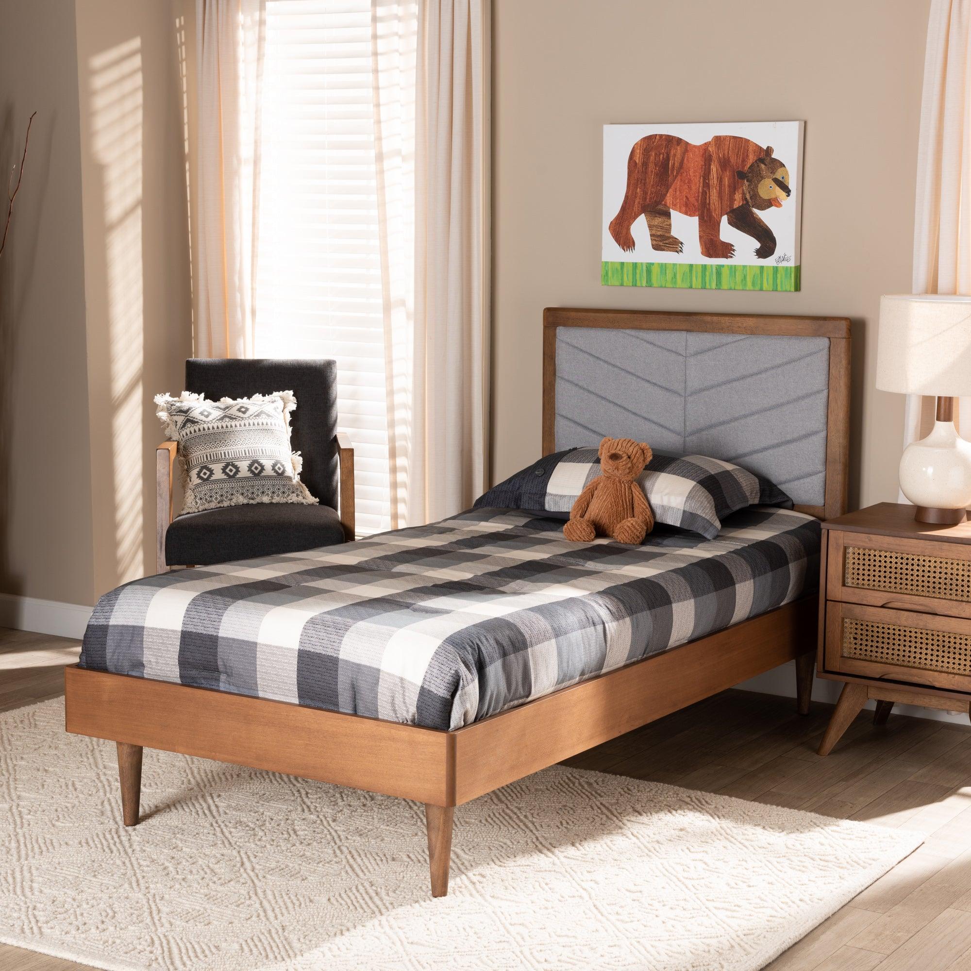 Tasha Mid-Century Modern Light Fabric Upholstered and brown Finished Wood Platform Bed