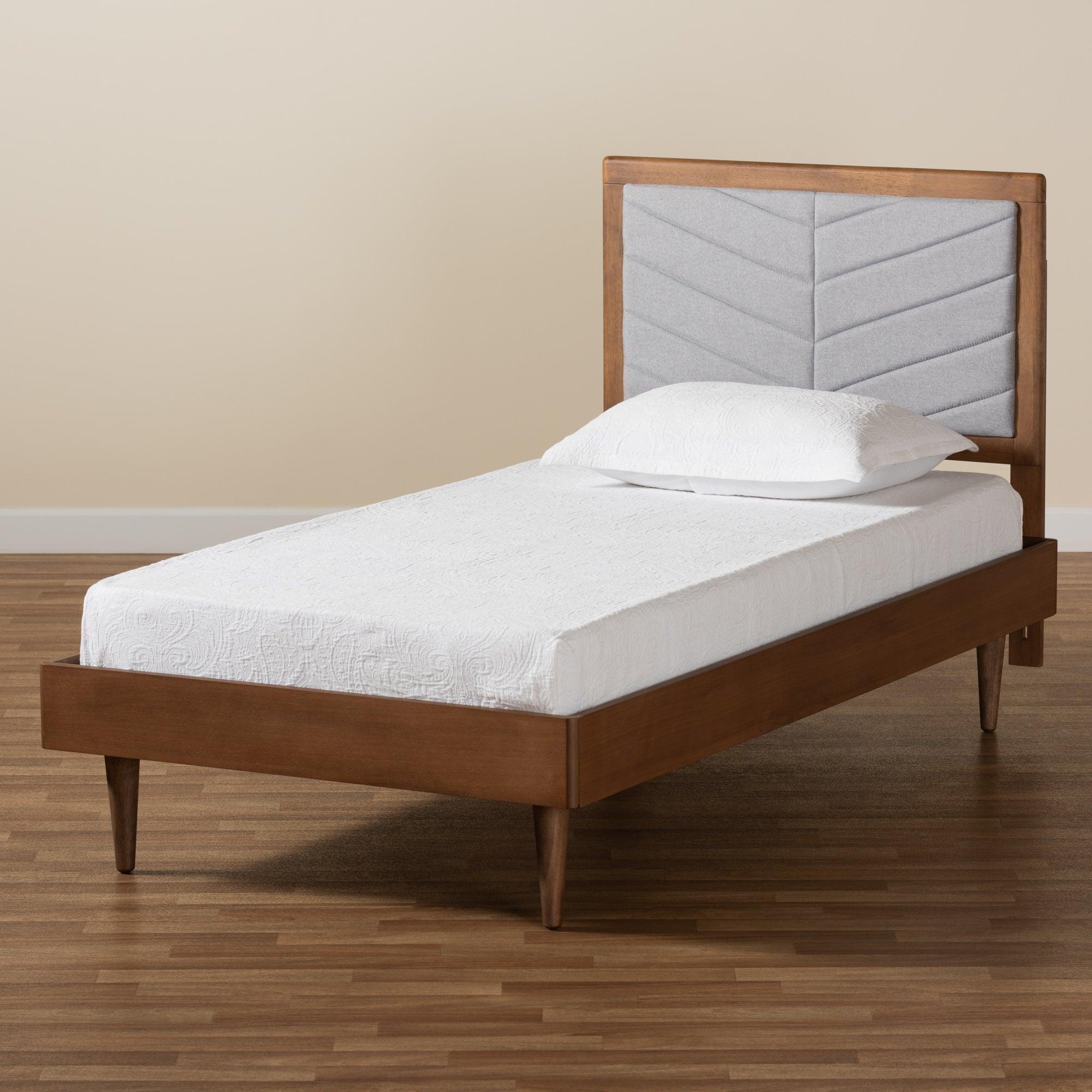 Tasha Mid-Century Modern Light Fabric Upholstered and brown Finished Wood Platform Bed