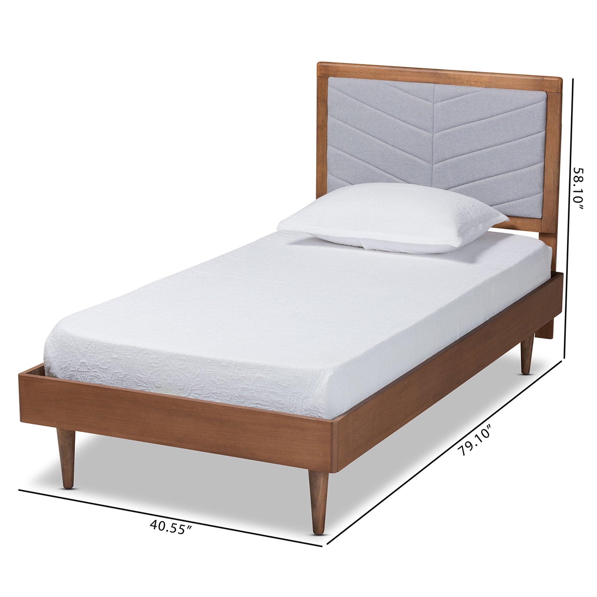 Tasha Mid-Century Modern Light Fabric Upholstered and brown Finished Wood Platform Bed