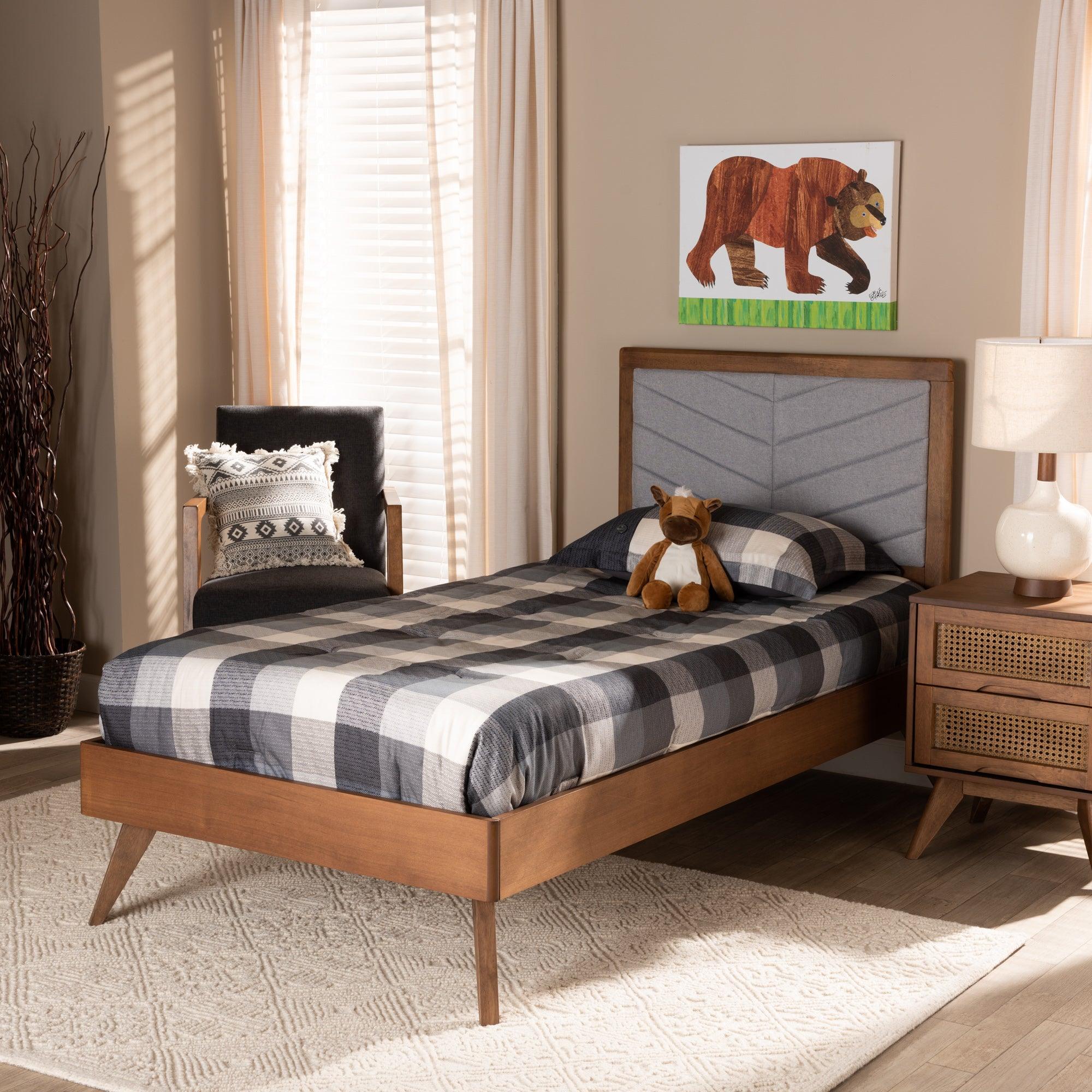 Roze Mid-Century Modern Light Fabric Upholstered and brown Finished Wood Platform Bed