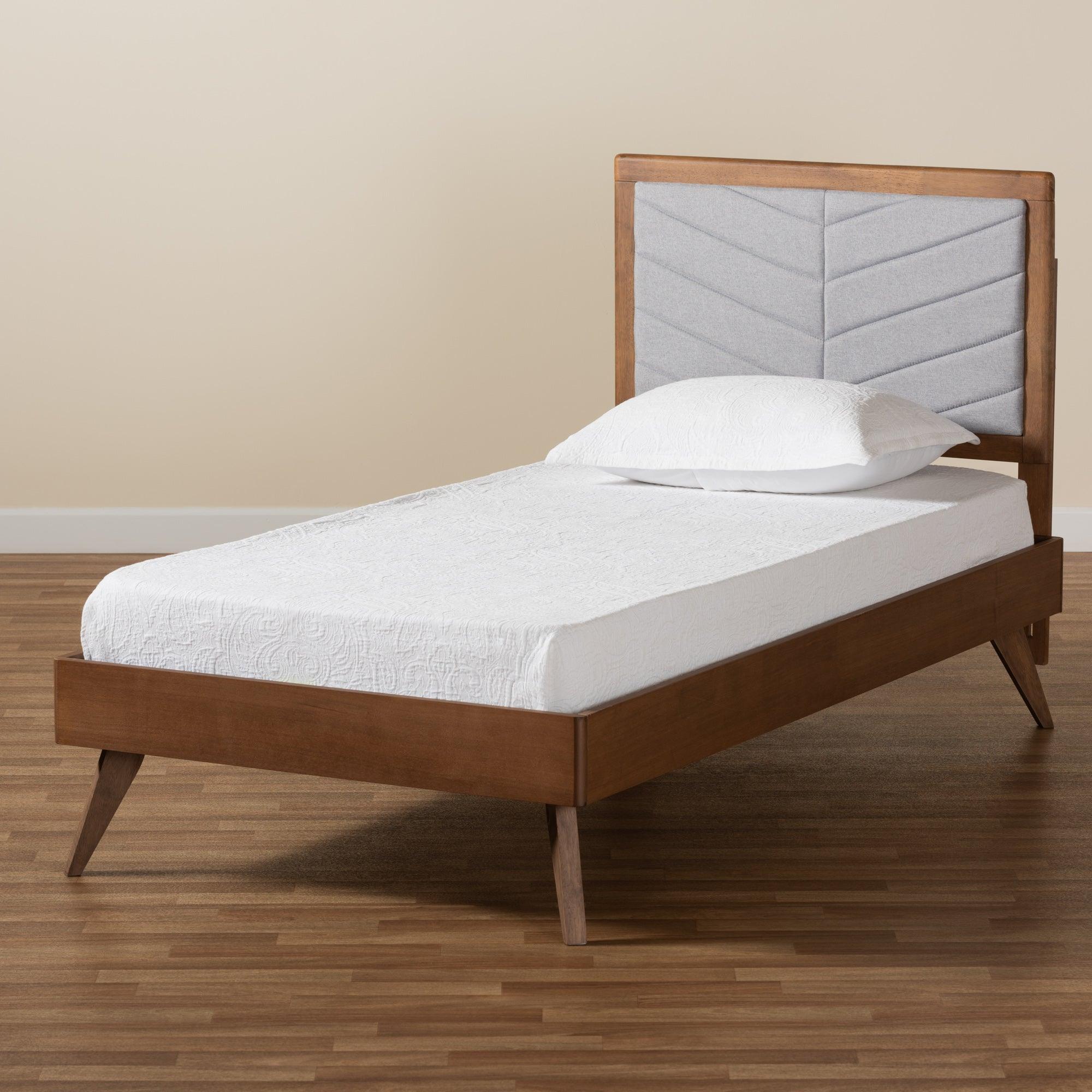 Roze Mid-Century Modern Light Fabric Upholstered and brown Finished Wood Platform Bed