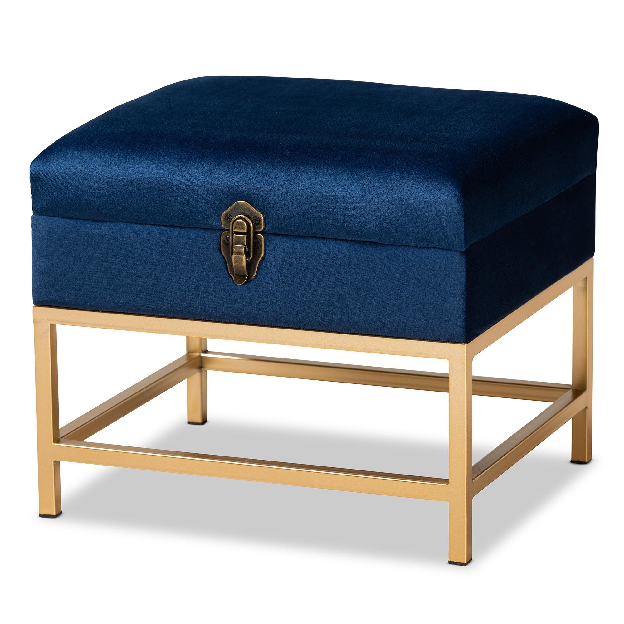 Aliana Glam and Luxe Velvet Fabric Upholstered and Finished Metal Small Storage Ottoman