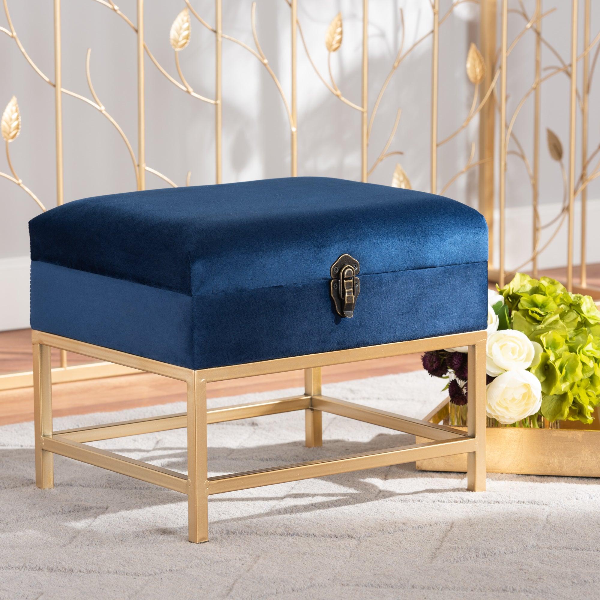 Aliana Glam and Luxe Velvet Fabric Upholstered and Finished Metal Small Storage Ottoman