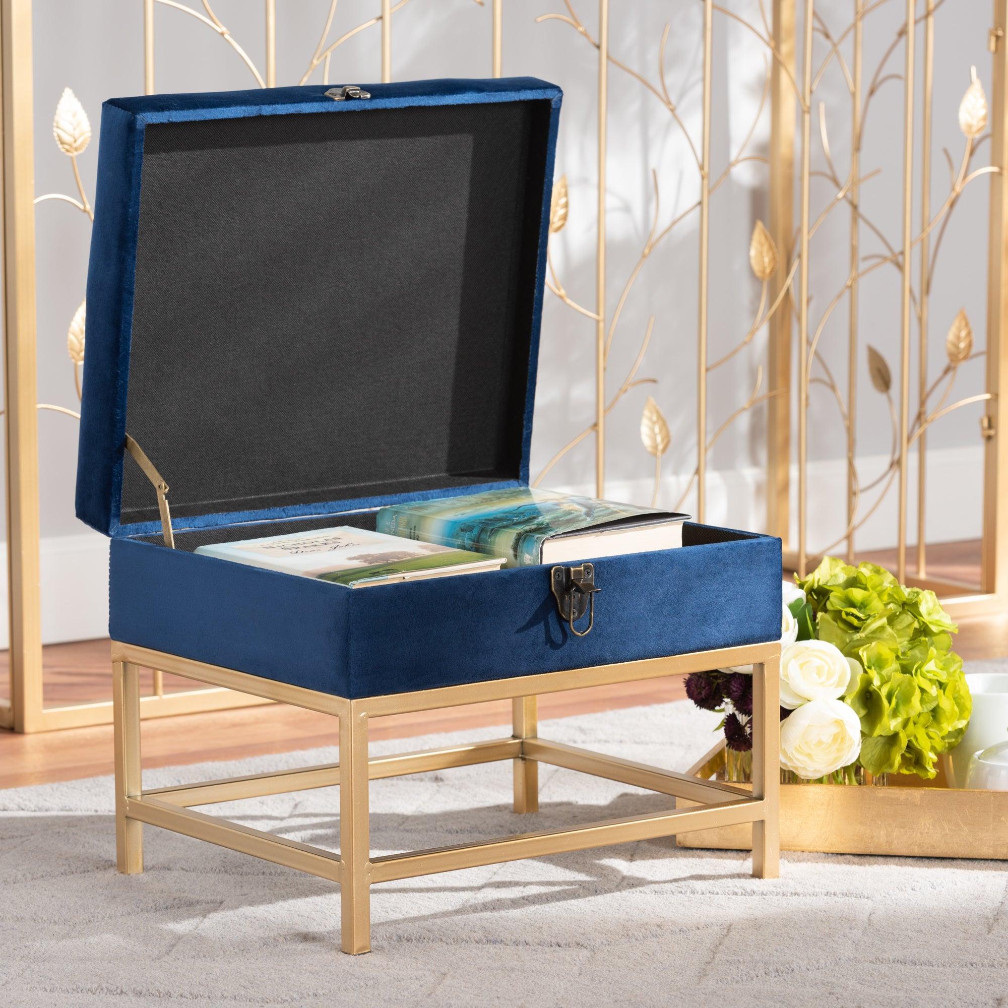 Aliana Glam and Luxe Velvet Fabric Upholstered and Finished Metal Small Storage Ottoman