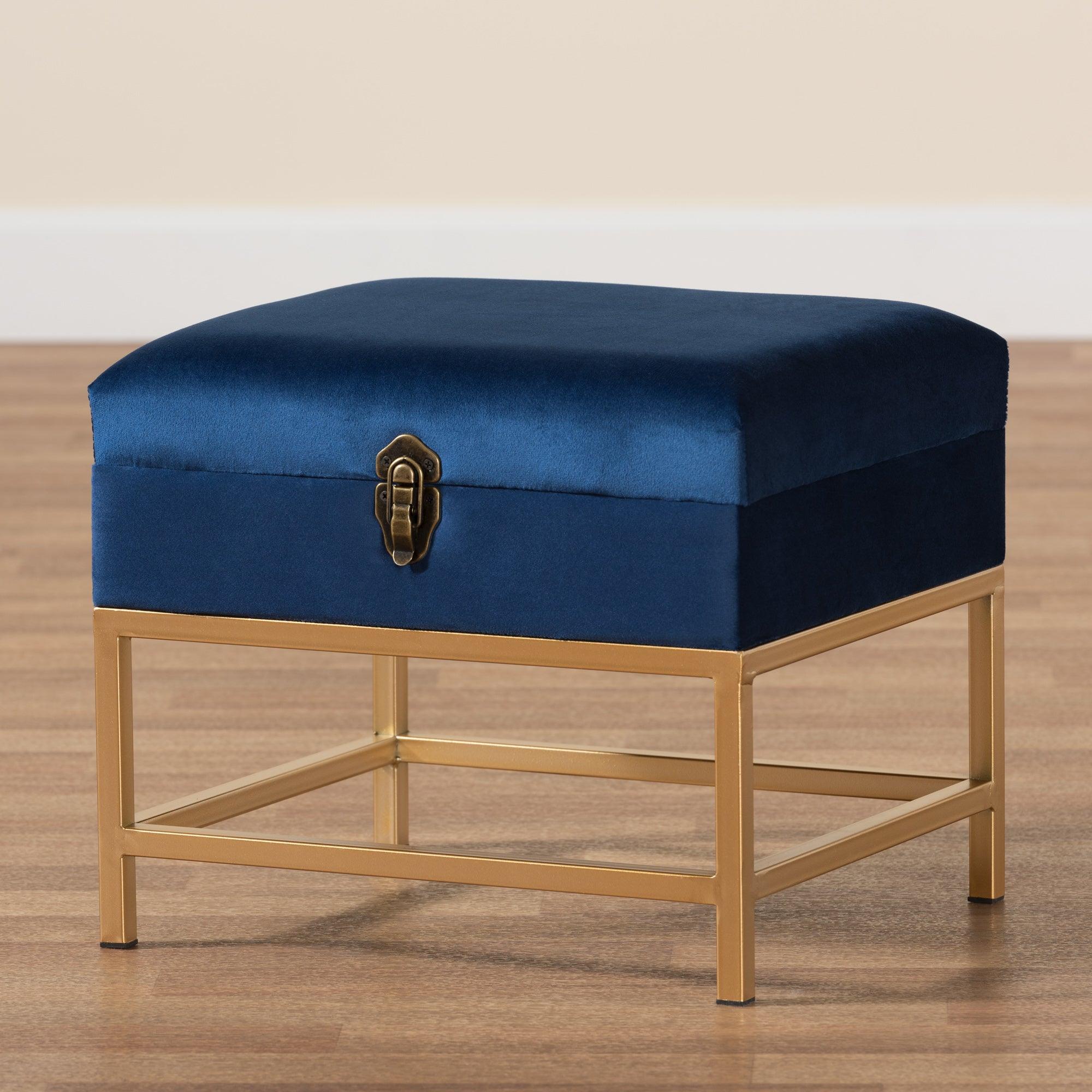 Aliana Glam and Luxe Velvet Fabric Upholstered and Finished Metal Small Storage Ottoman