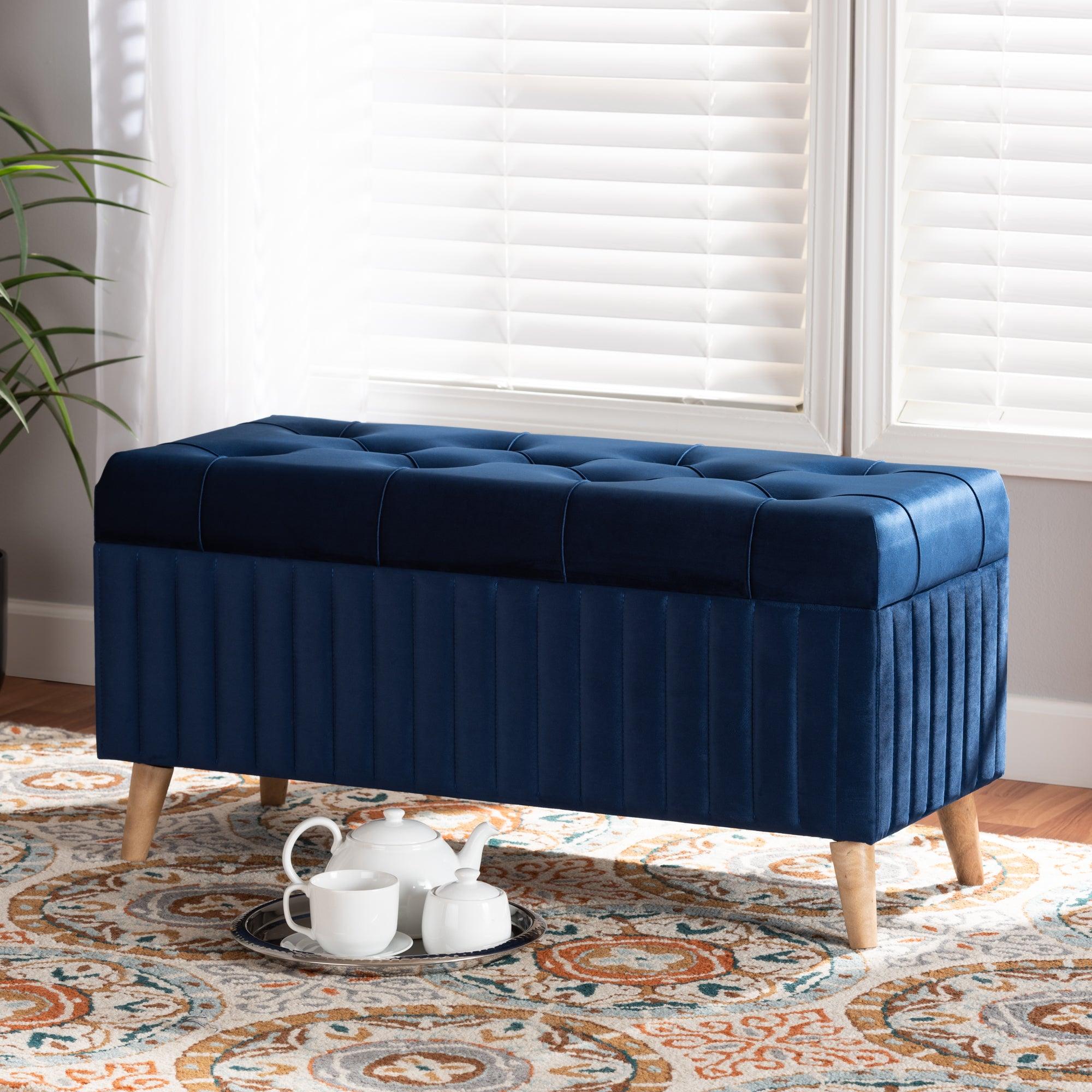 Hanley Modern and Contemporary Velvet Fabric Upholstered and Finished Wood Storage Ottoman