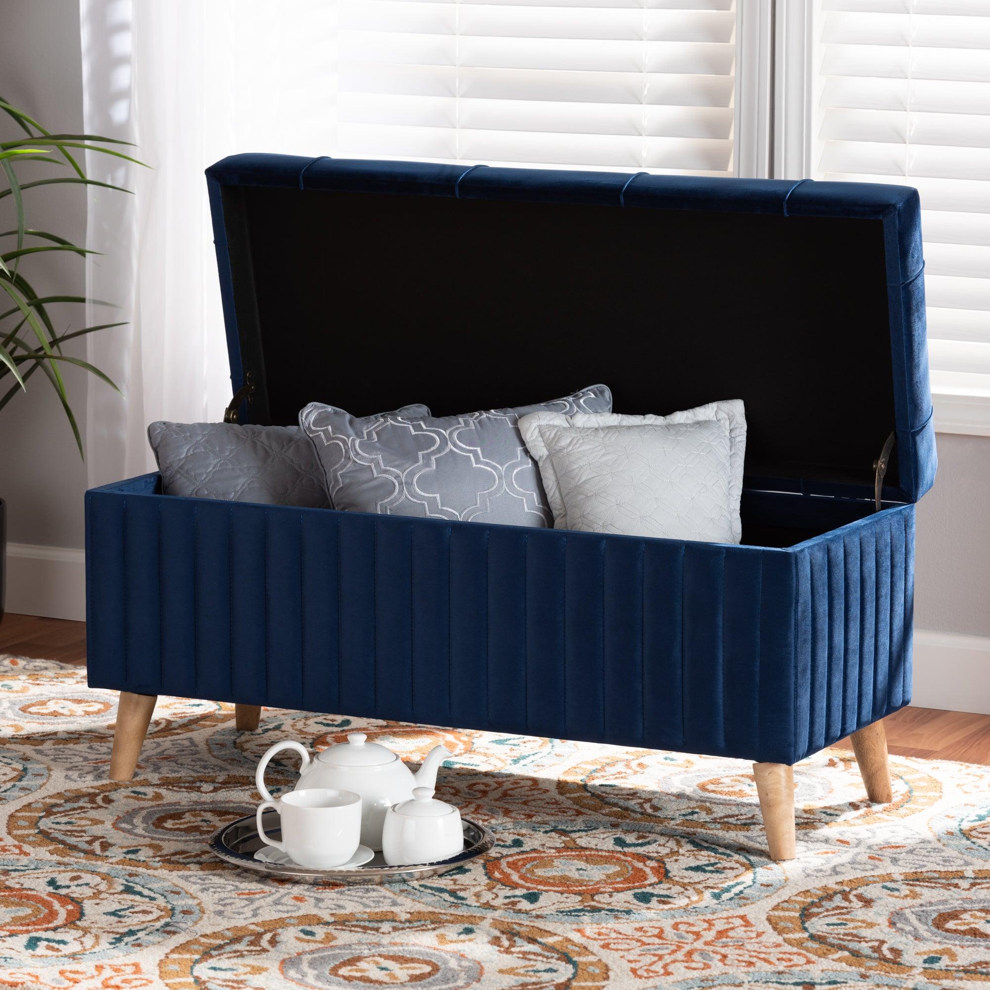 Hanley Modern and Contemporary Velvet Fabric Upholstered and Finished Wood Storage Ottoman