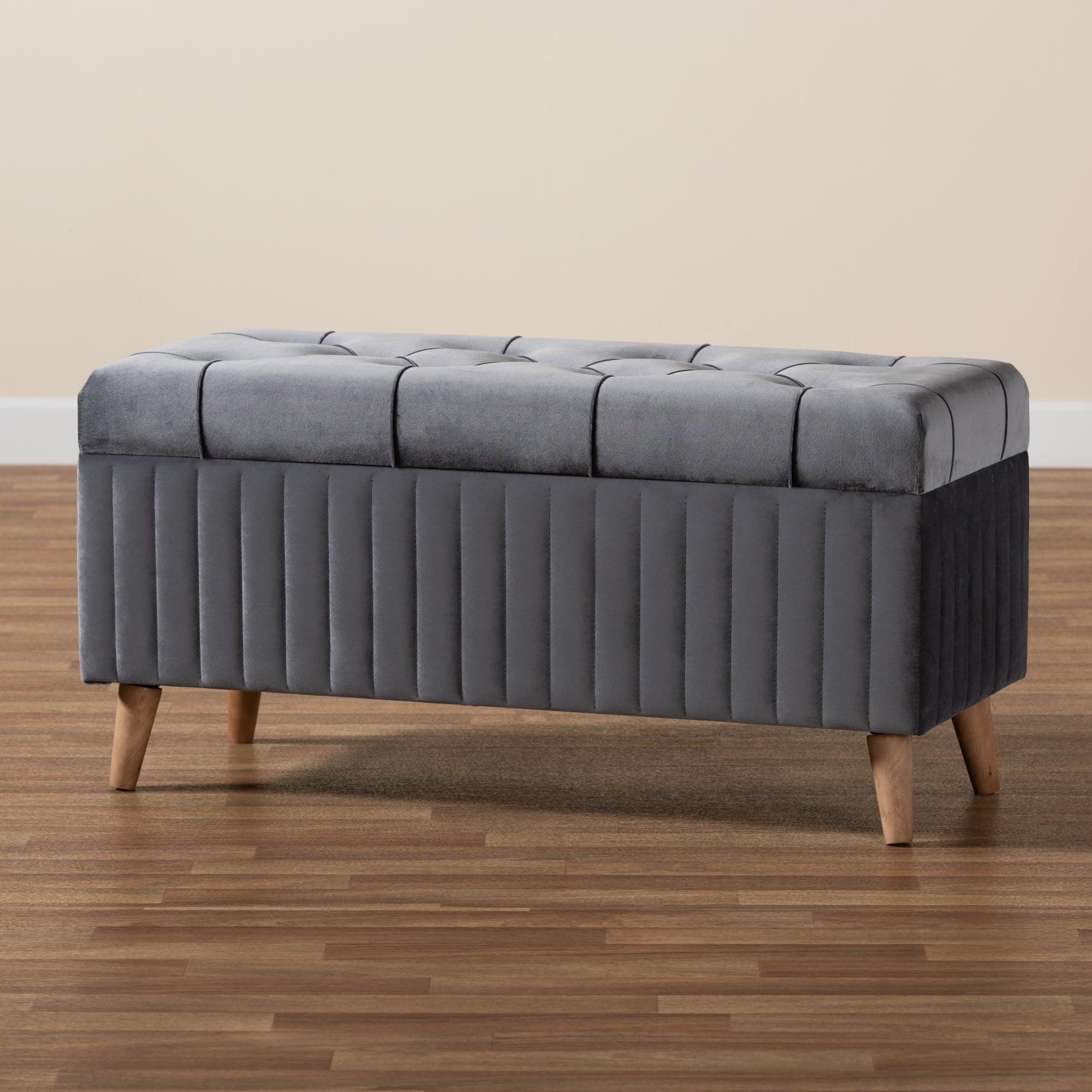 Hanley Modern and Contemporary Velvet Fabric Upholstered and Finished Wood Storage Ottoman