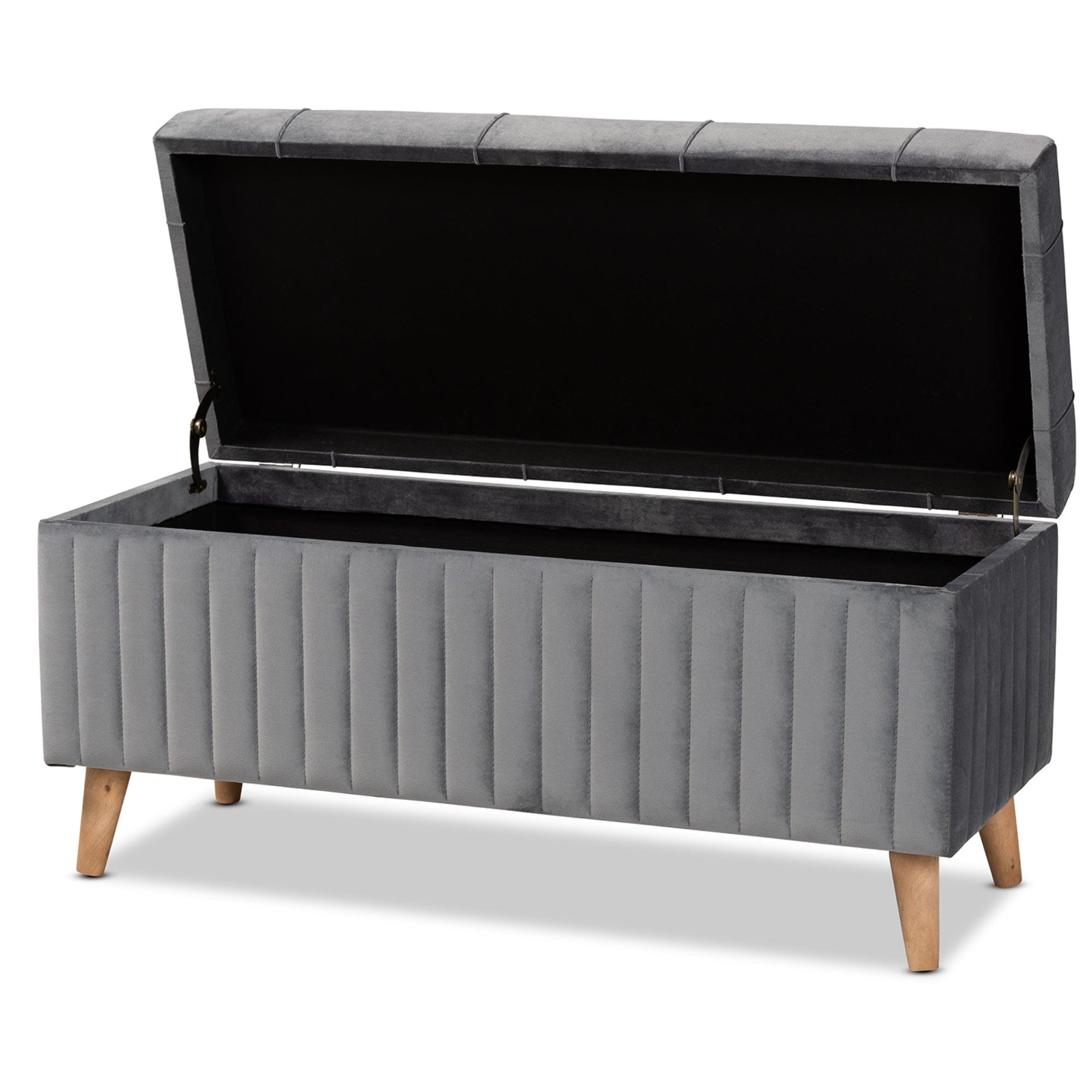 Hanley Modern and Contemporary Velvet Fabric Upholstered and Finished Wood Storage Ottoman