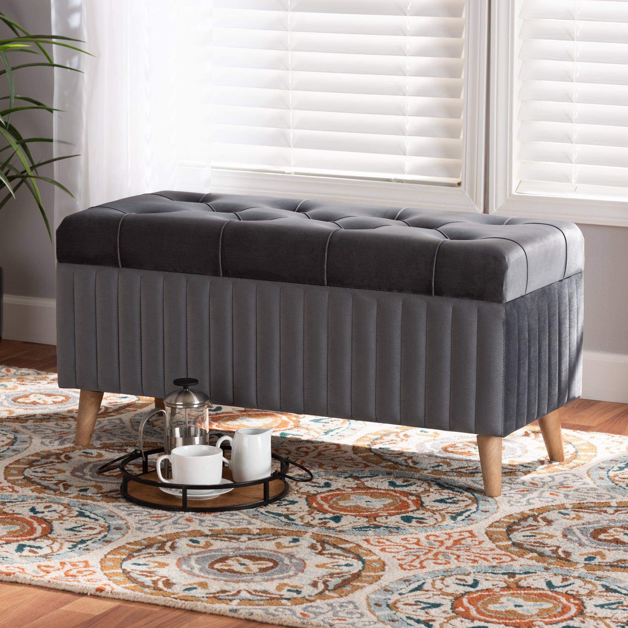 Hanley Modern and Contemporary Velvet Fabric Upholstered and Finished Wood Storage Ottoman