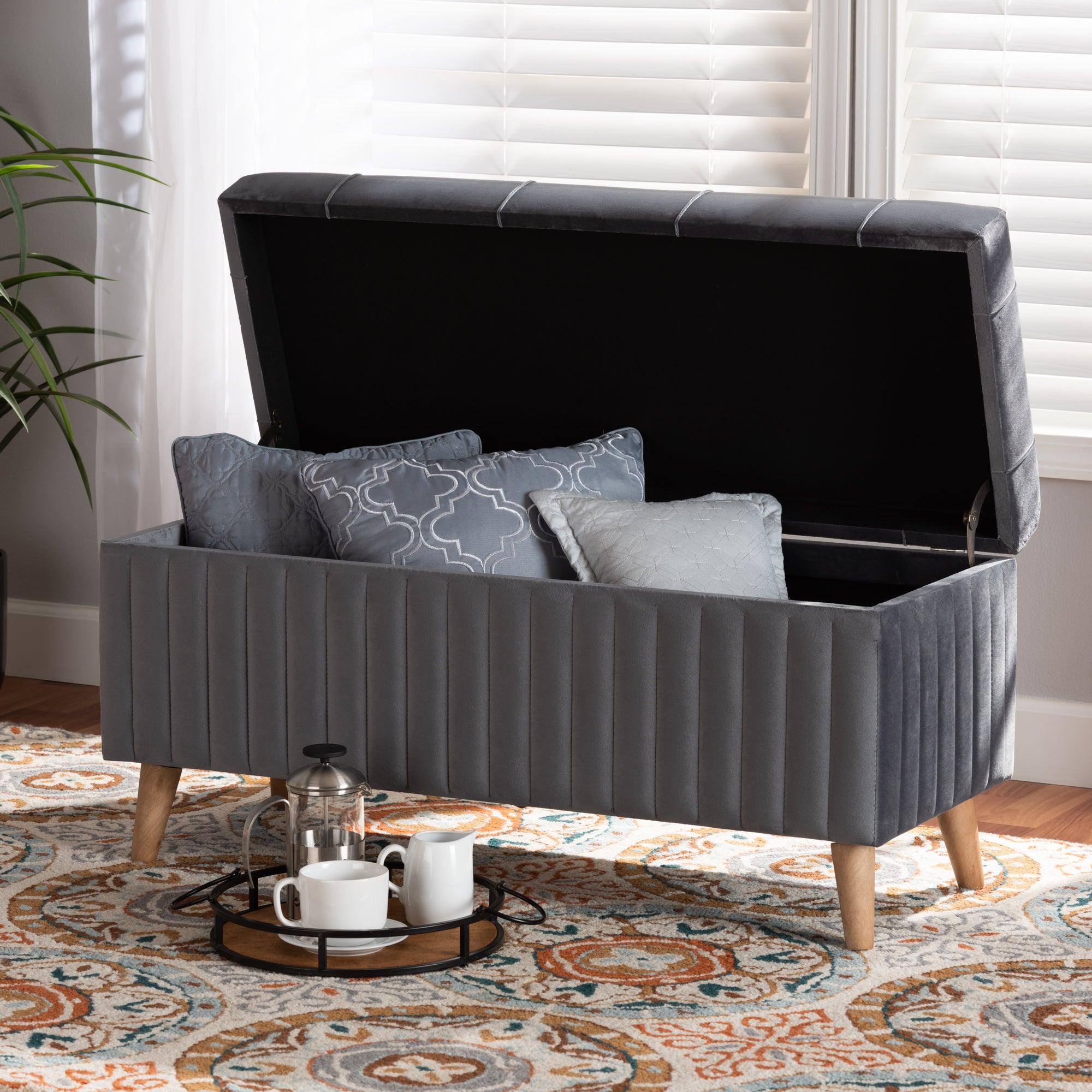 Hanley Modern and Contemporary Velvet Fabric Upholstered and Finished Wood Storage Ottoman