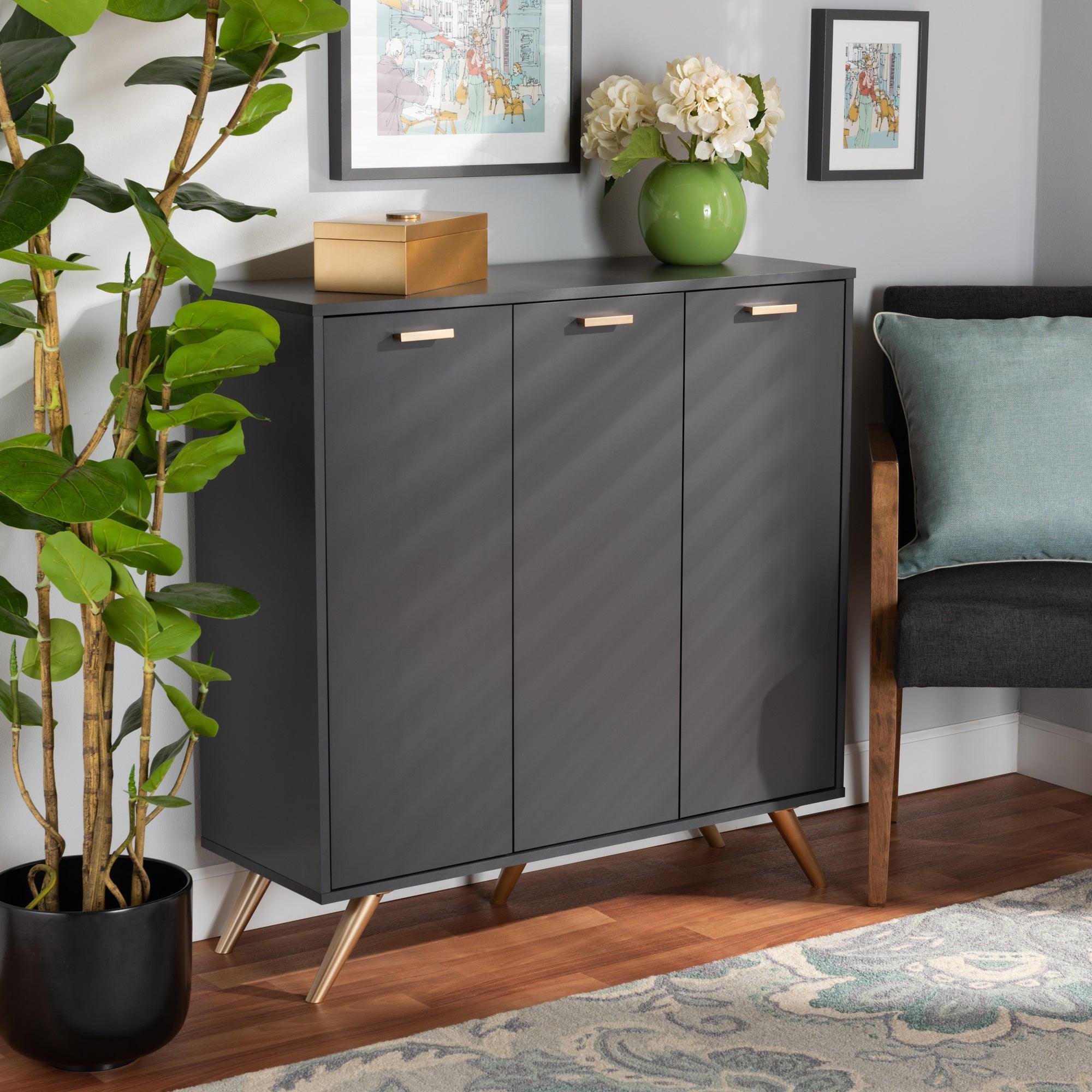 Kelson Modern and Contemporary Dark and Finished Wood 3-Door Shoe Cabinet