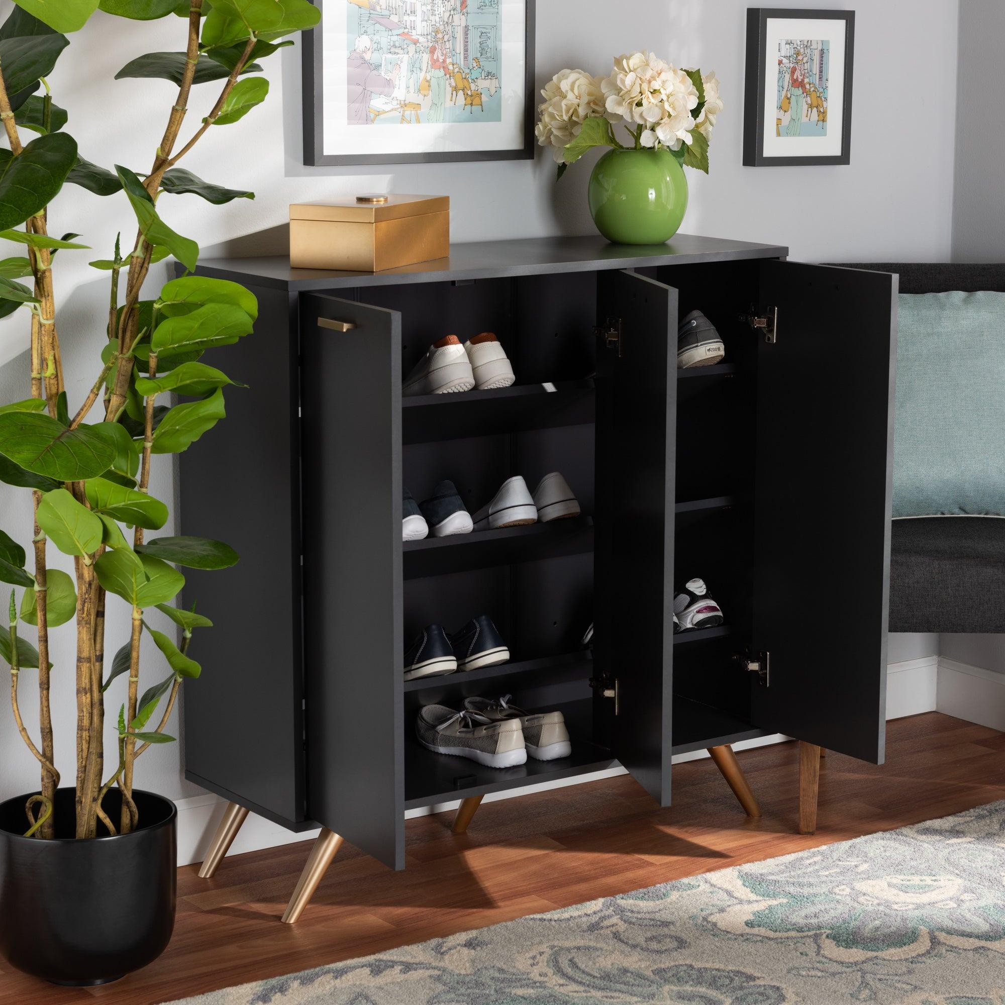 Kelson Modern and Contemporary Dark and Finished Wood 3-Door Shoe Cabinet