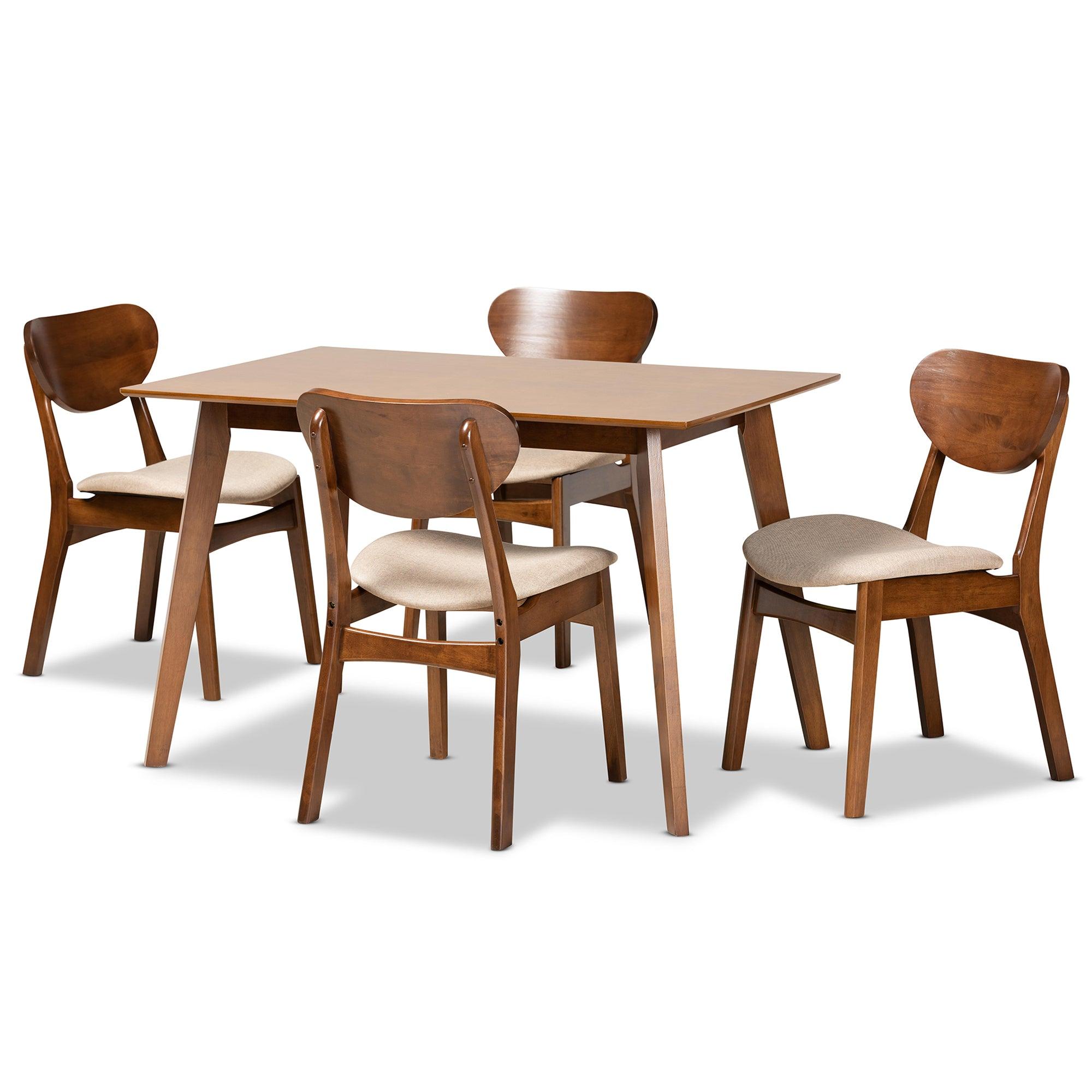 Katya Mid-Century Modern Sand Fabric Upholstered and Finished Wood 5-Piece Dining Set