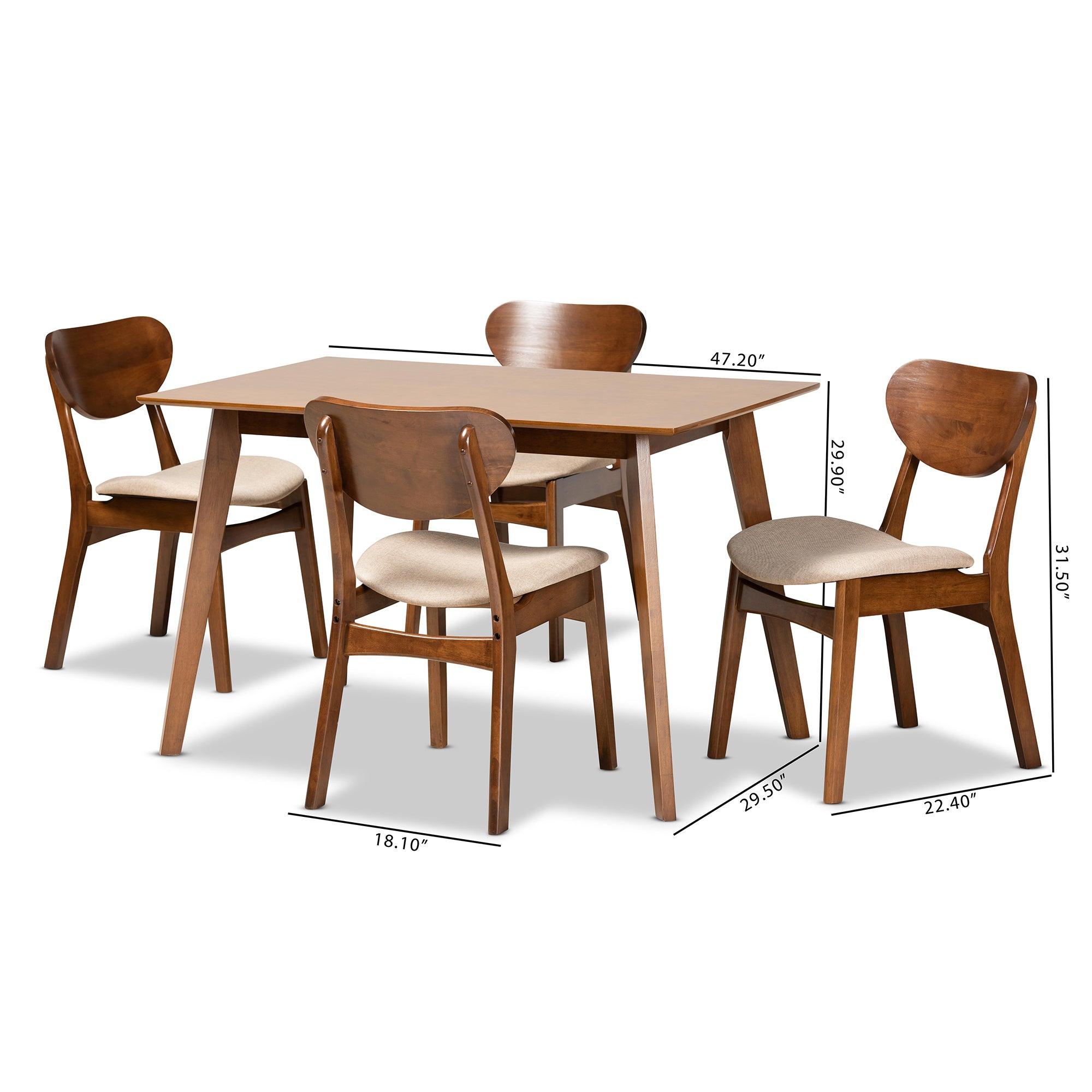 Katya Mid-Century Modern Sand Fabric Upholstered and Finished Wood 5-Piece Dining Set