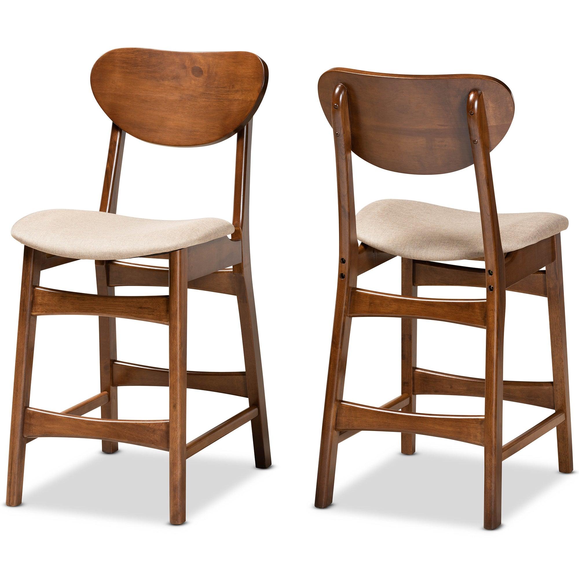 Katya Mid-Century Modern Sand Fabric Upholstered and Finished Wood 2-Piece Counter Stool Set