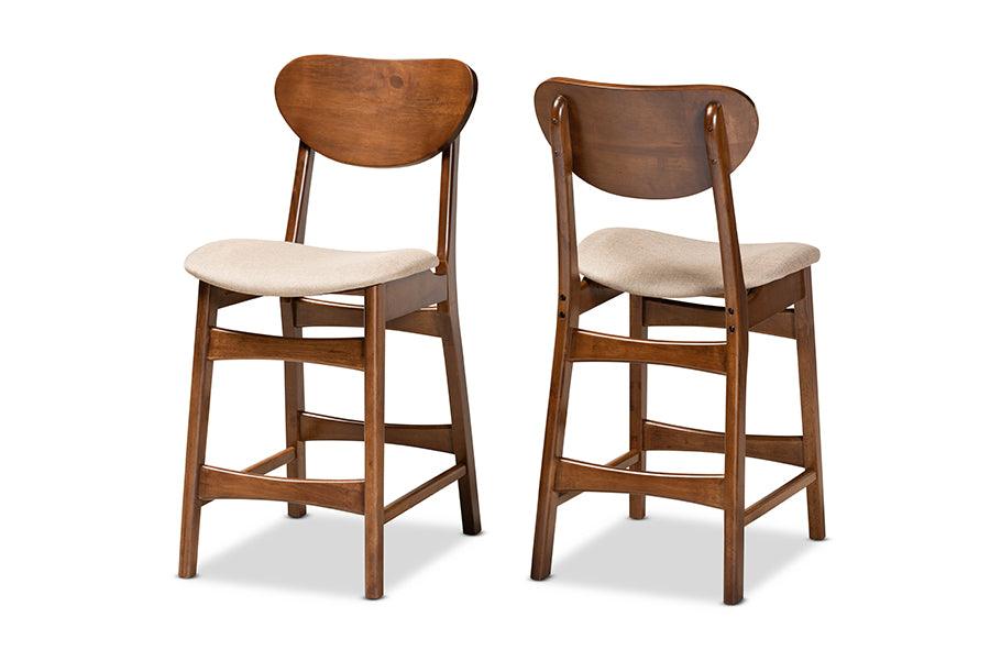 Katya Mid-Century Modern Sand Fabric Upholstered and Finished Wood 2-Piece Counter Stool Set