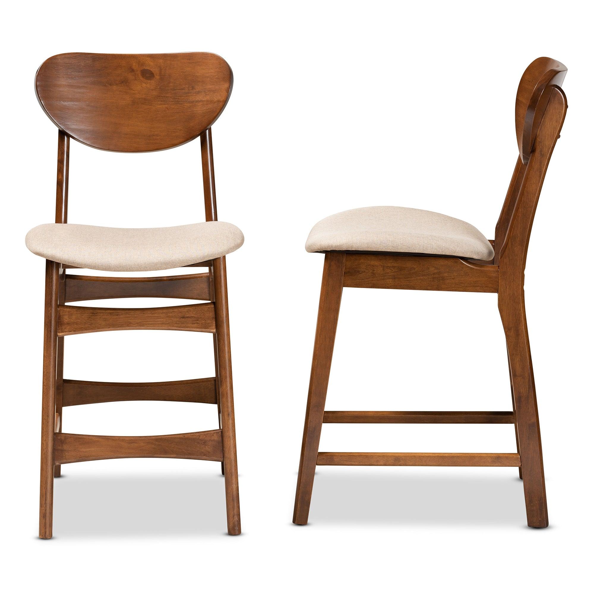 Katya Mid-Century Modern Sand Fabric Upholstered and Finished Wood 2-Piece Counter Stool Set