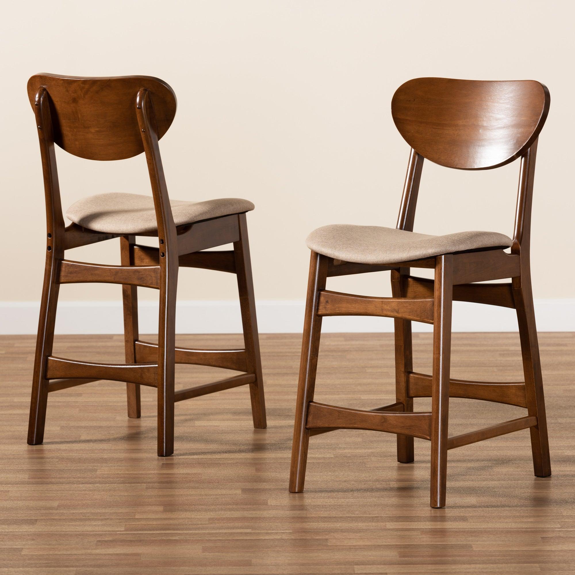 Katya Mid-Century Modern Sand Fabric Upholstered and Finished Wood 2-Piece Counter Stool Set