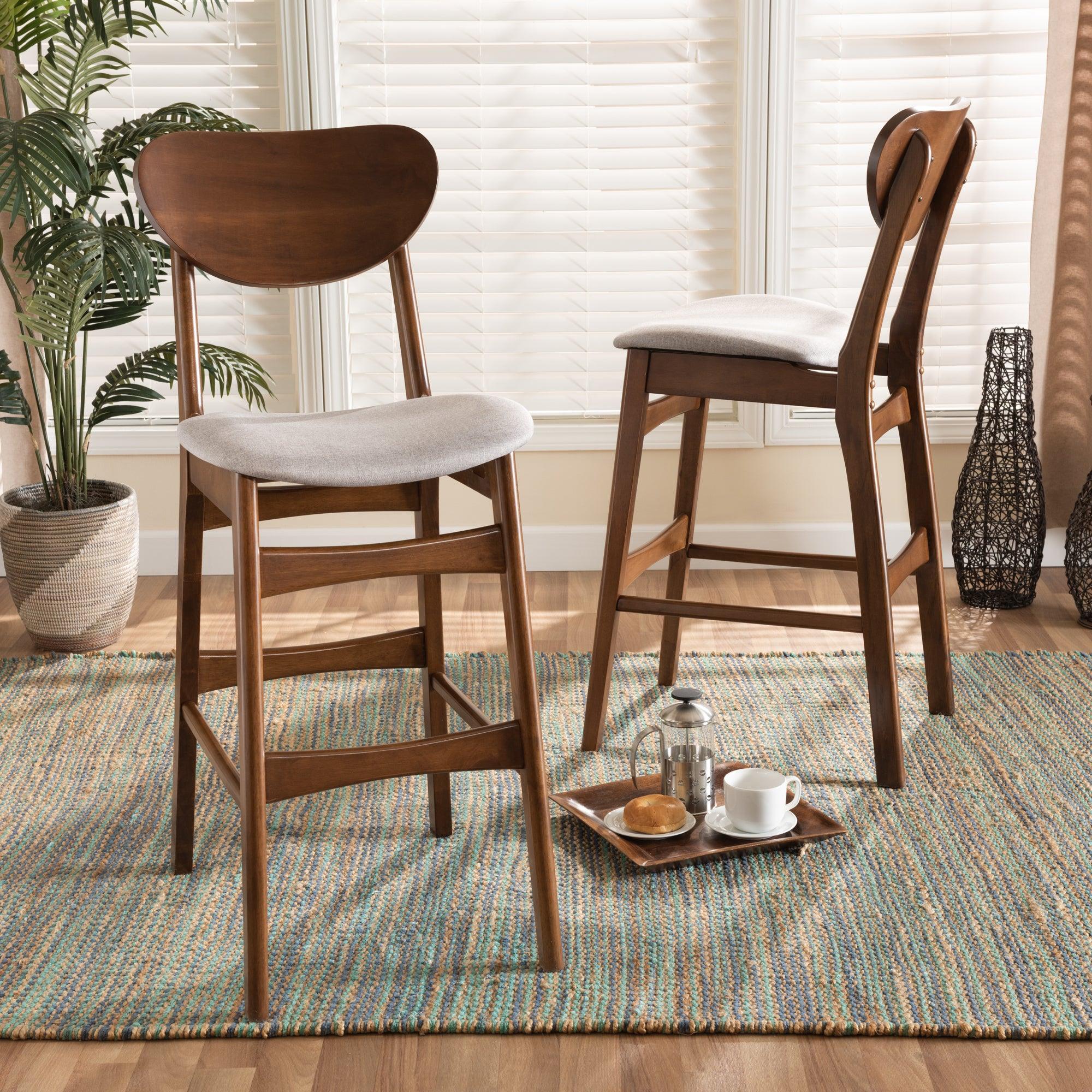 Katya Mid-Century Modern Fabric Upholstered and Finished Wood 2-Piece Bar Stool Set