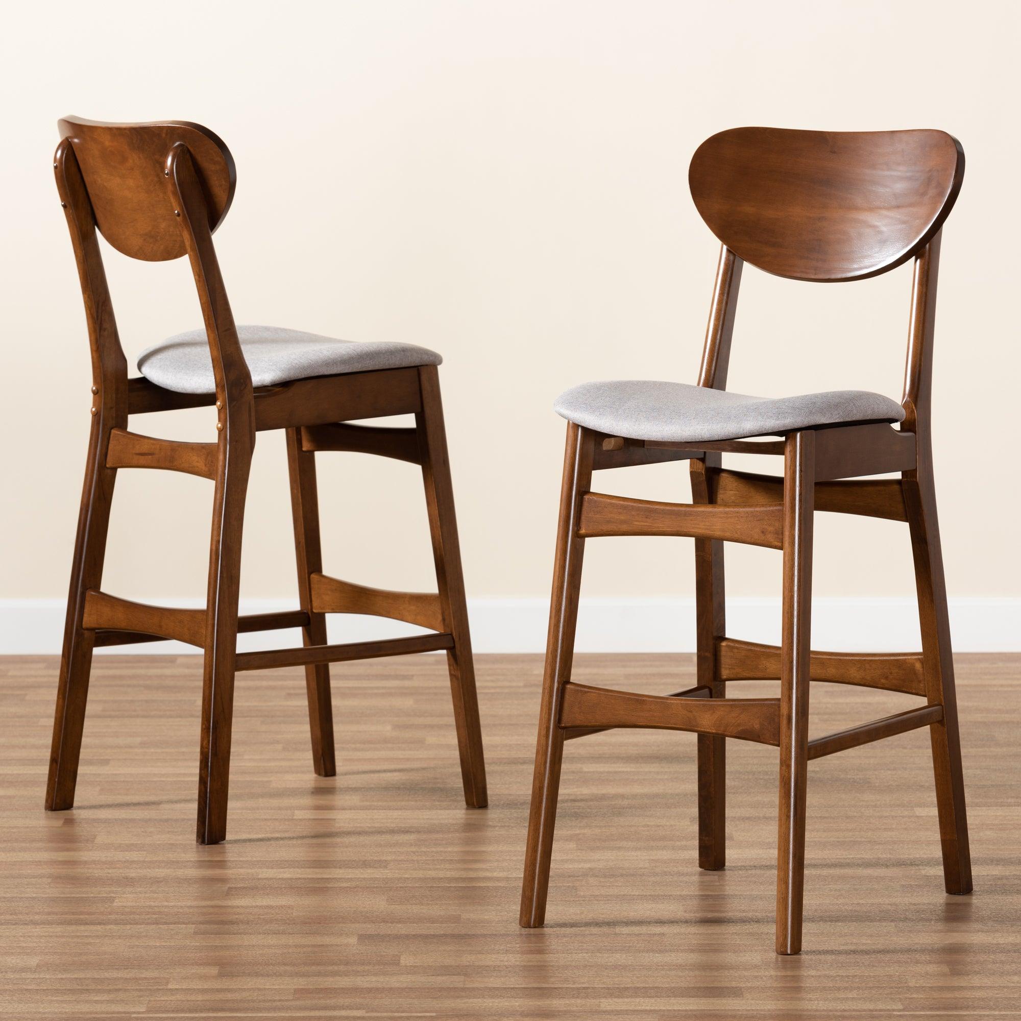 Katya Mid-Century Modern Fabric Upholstered and Finished Wood 2-Piece Bar Stool Set