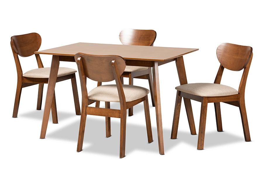 Damara Mid-Century Modern Sand Fabric Upholstered and Finished Wood 5-Piece Dining Set