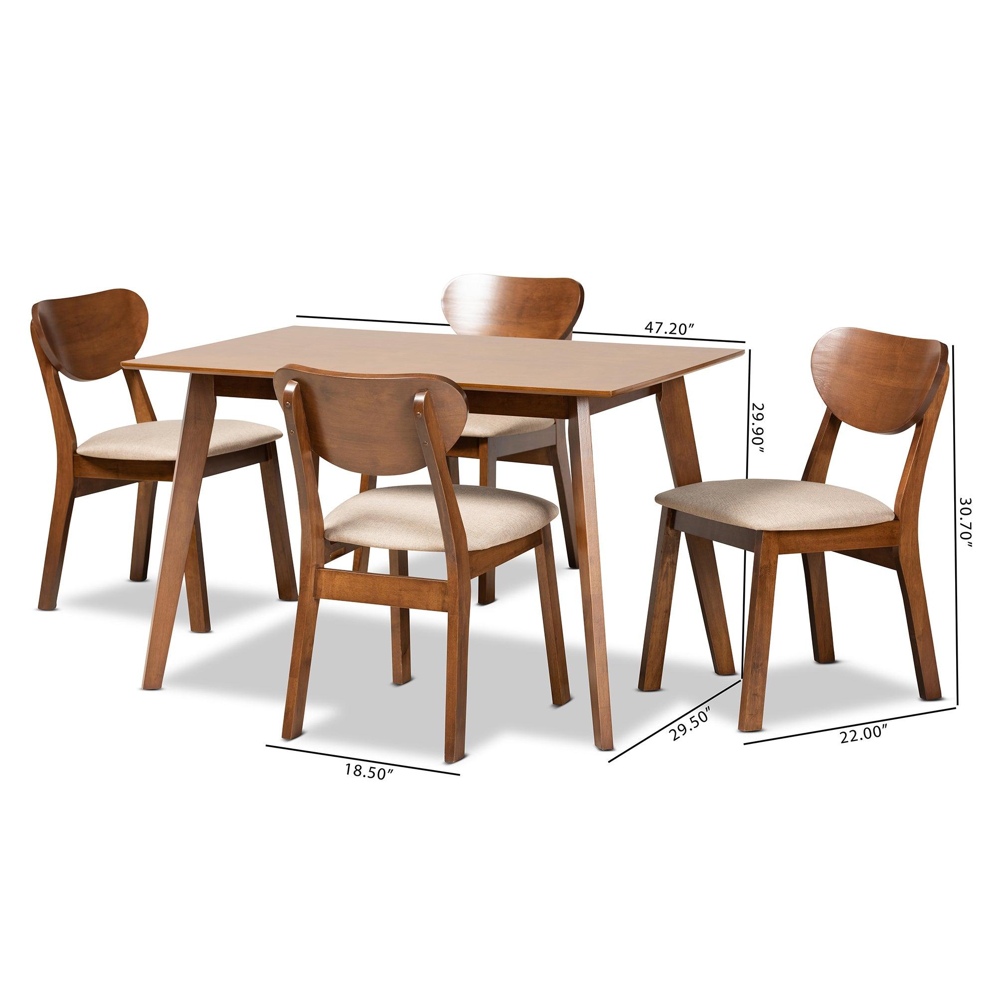 Damara Mid-Century Modern Sand Fabric Upholstered and Finished Wood 5-Piece Dining Set