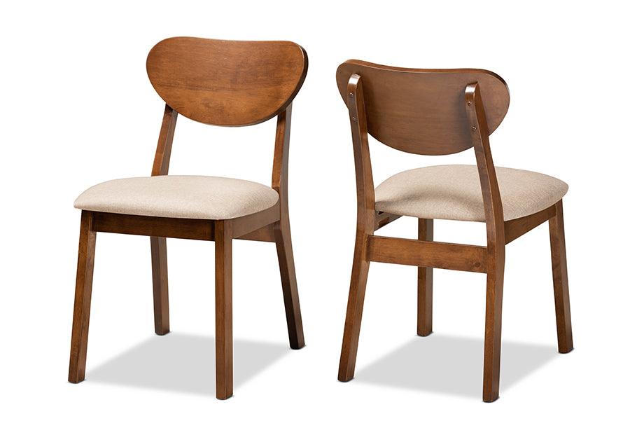 Damara Mid-Century Modern Sand Fabric Upholstered and Finished Wood 2-Piece Dining Chair Set