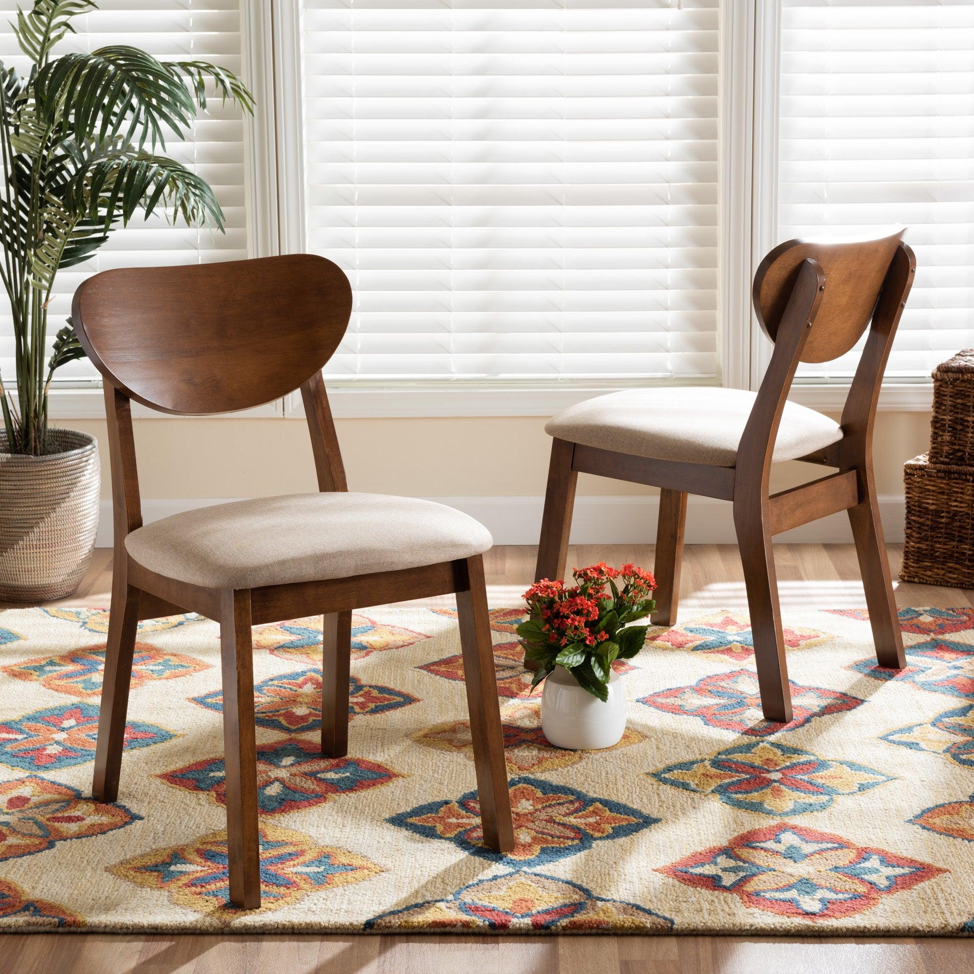 Damara Mid-Century Modern Sand Fabric Upholstered and Finished Wood 2-Piece Dining Chair Set