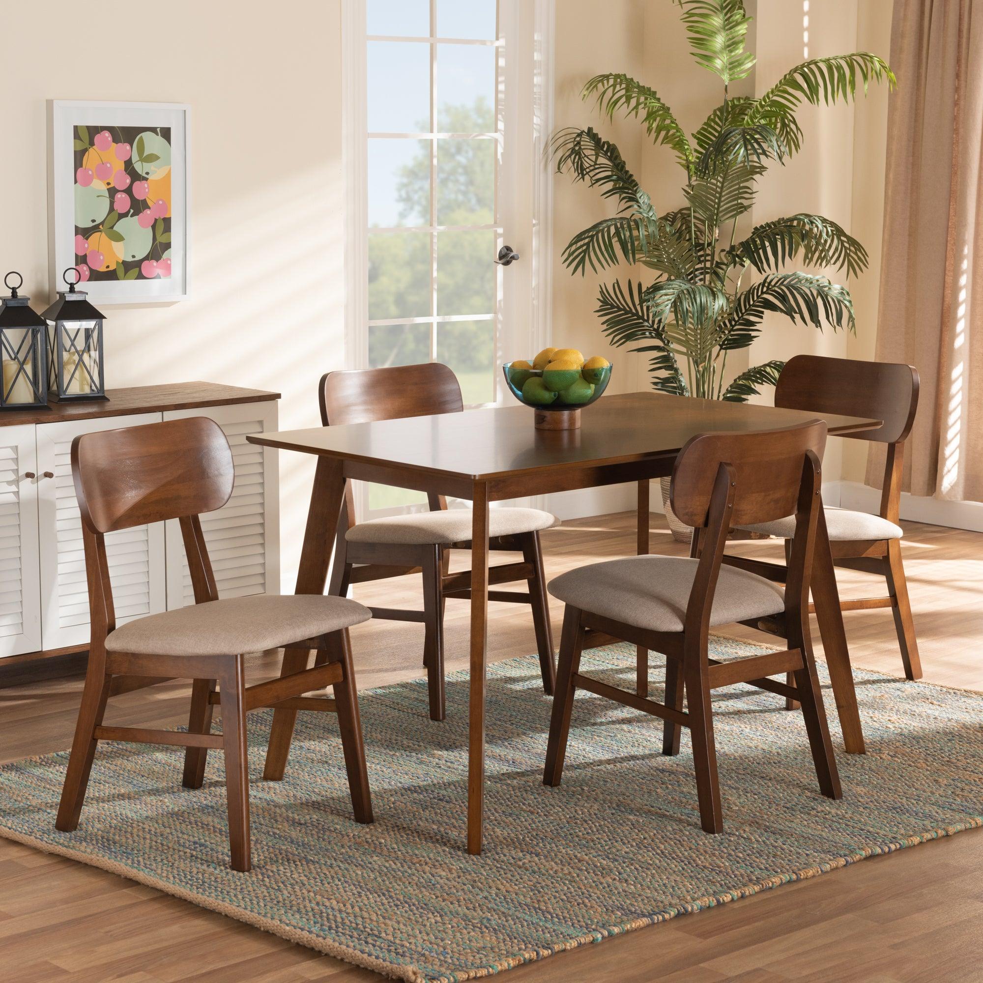 Euclid Mid-Century Modern Sand Fabric Upholstered and Finished Wood 5-Piece Dining Set