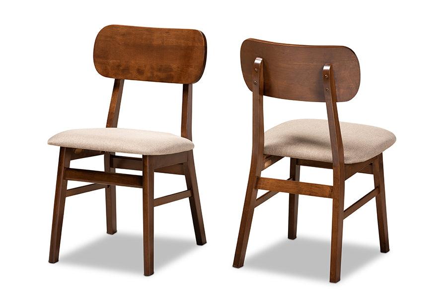 Euclid Mid-Century Modern Sand Fabric Upholstered and Finished Wood 2-Piece Dining Chair Set