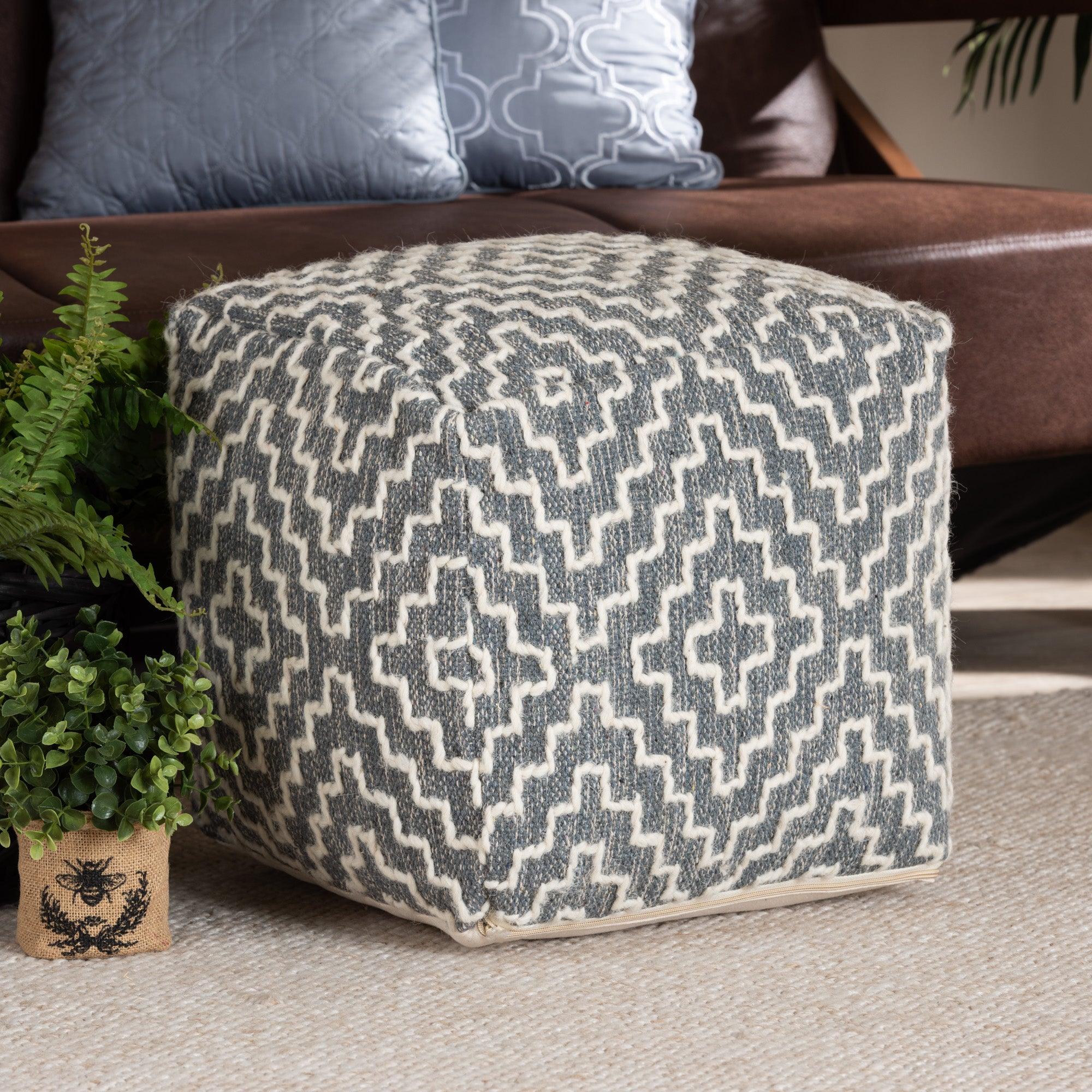 Benjamin Modern and Contemporary Bohemian and Handwoven Cotton Blend Pouf Ottoman