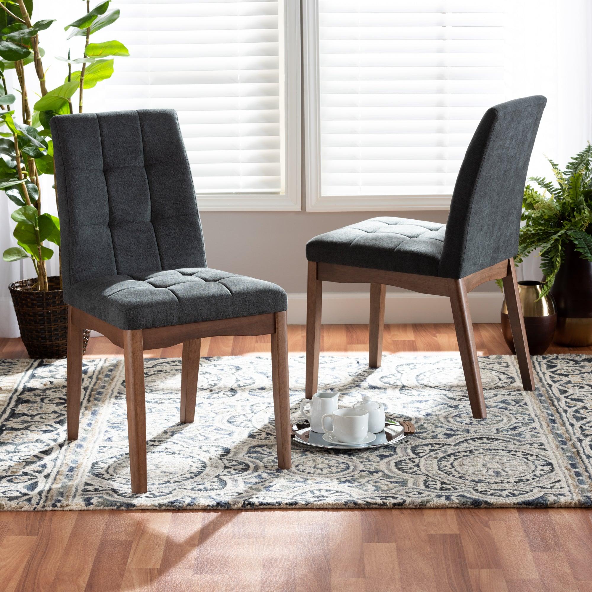 Tara Mid-Century Modern Transitional Dark Fabric Upholstered and Finished Wood 2-Piece Dining Chair Set