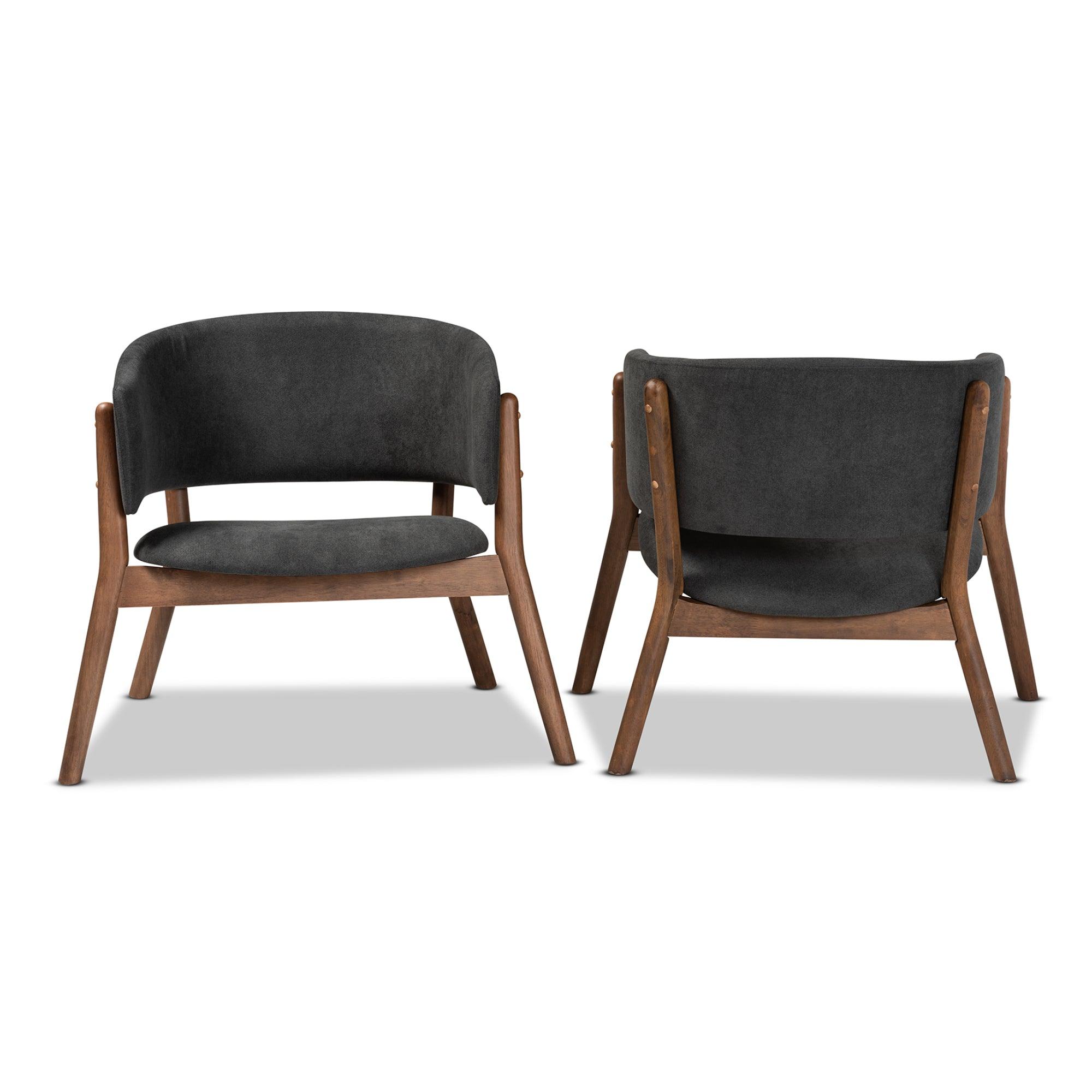 Baron Mid-Century Modern Dark Fabric Upholstered and Finished Wood 2-Piece Living Room Accent Chair Set