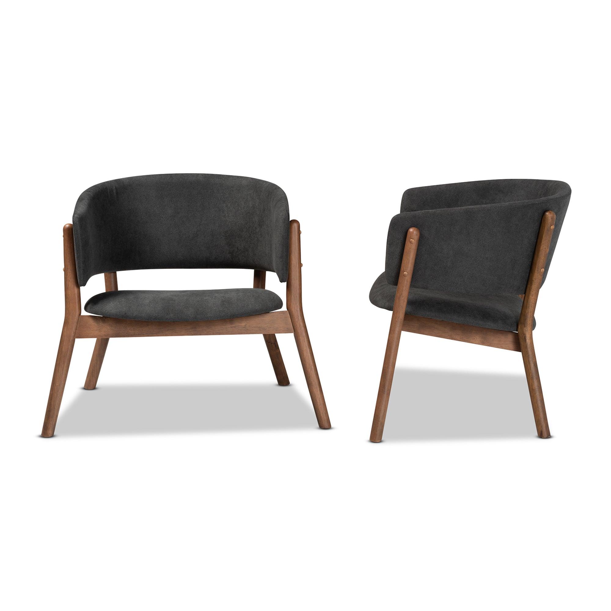 Baron Mid-Century Modern Dark Fabric Upholstered and Finished Wood 2-Piece Living Room Accent Chair Set