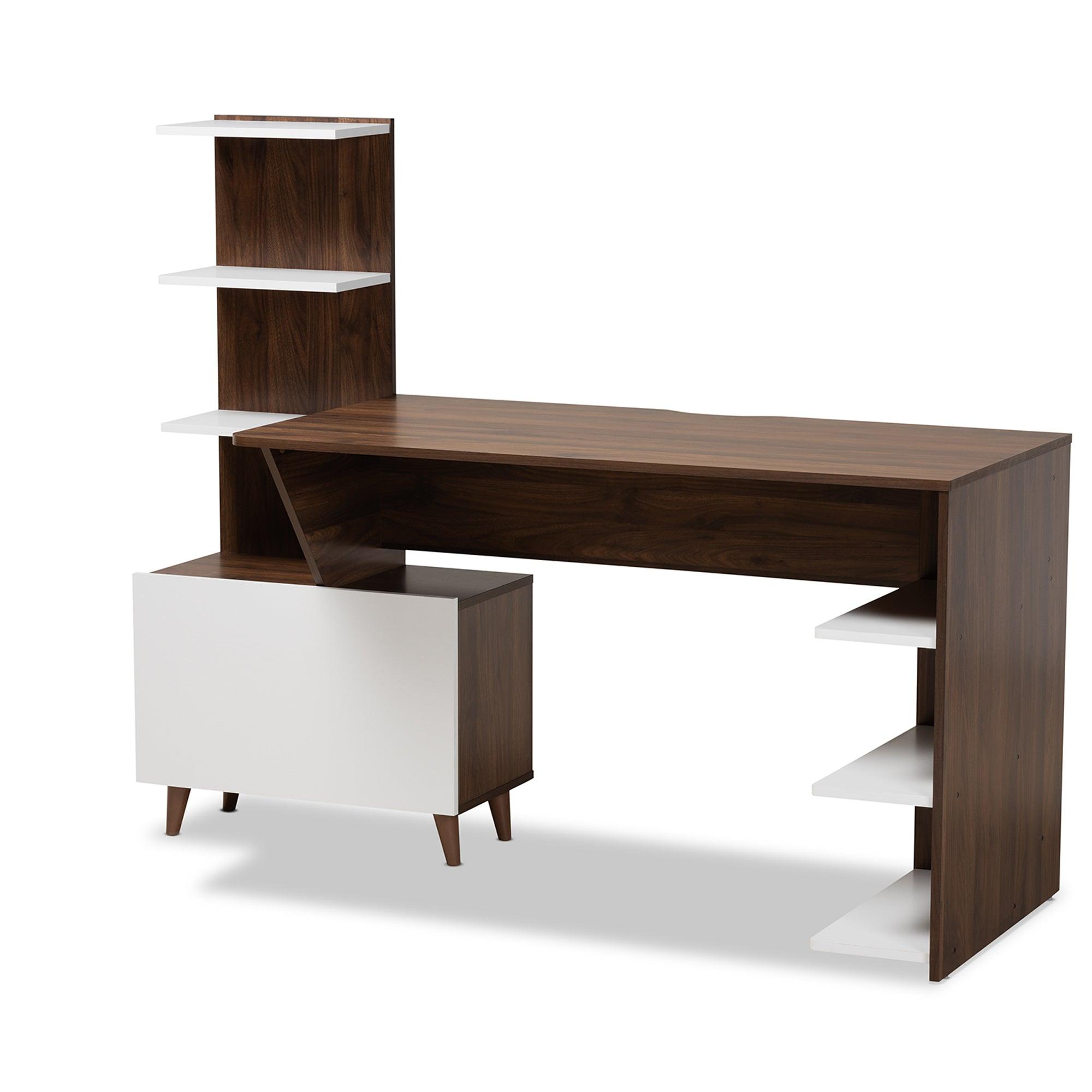 Tobias Mid-Century Modern Two-Tone and Finished Wood Storage Computer Desk with Shelves