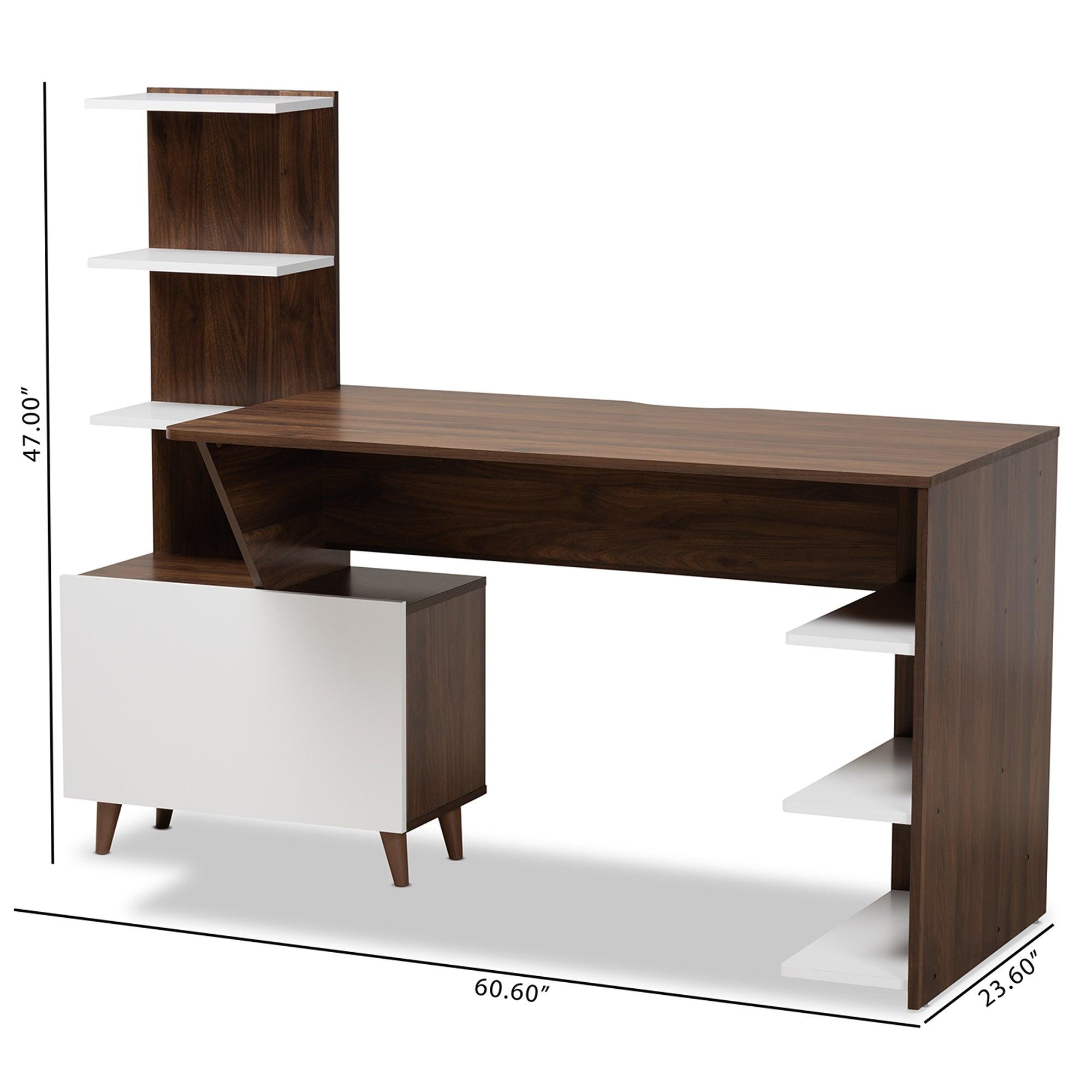 Tobias Mid-Century Modern Two-Tone and Finished Wood Storage Computer Desk with Shelves