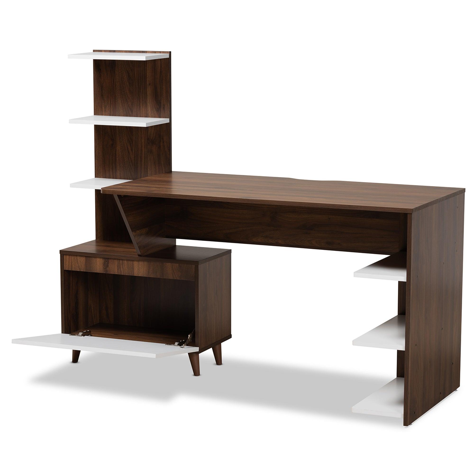 Tobias Mid-Century Modern Two-Tone and Finished Wood Storage Computer Desk with Shelves